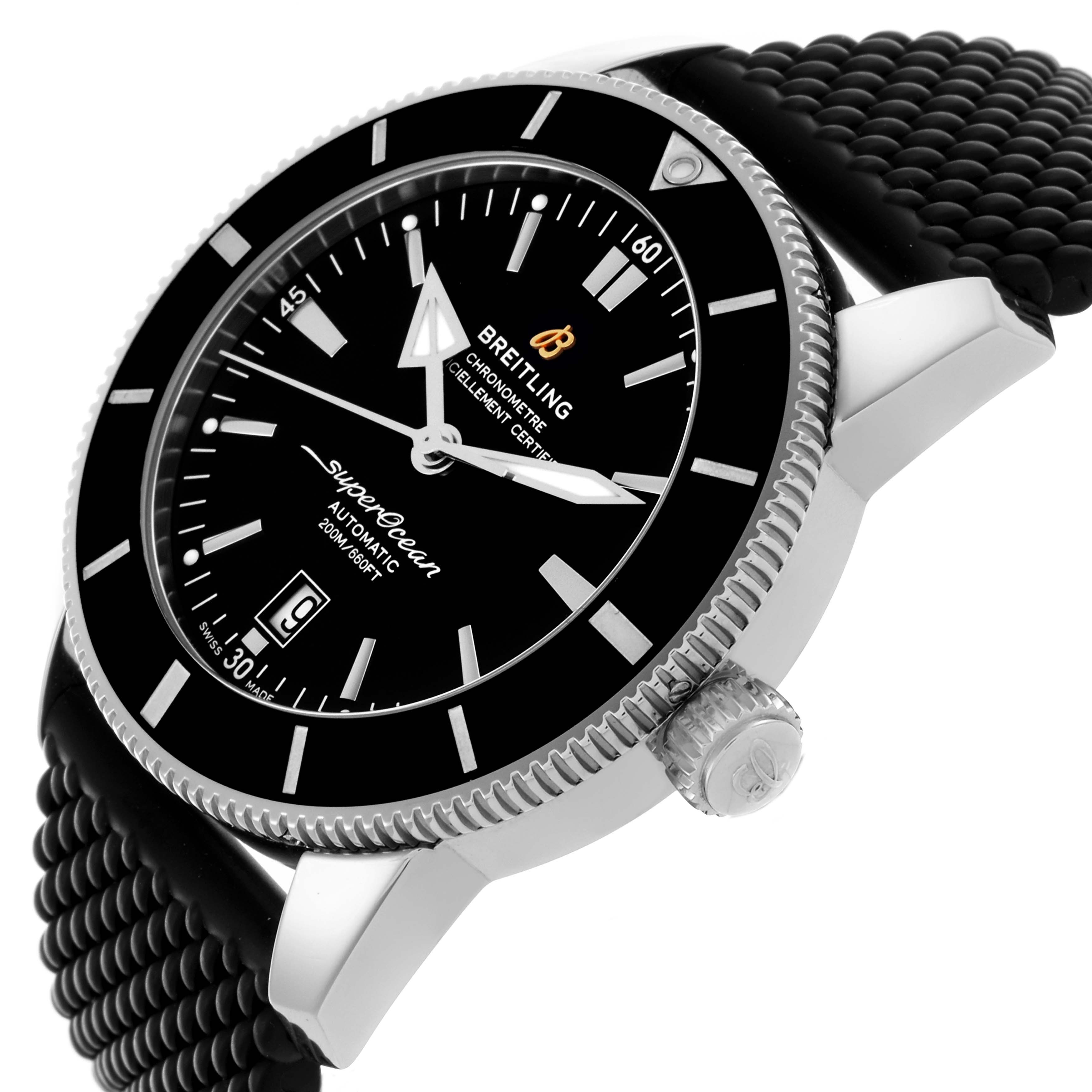 The Breitling Superocean AB202012-B1S1 Men's Stainless Steel Black Dial AB202012-B1S1 Men's Stainless Steel Black Dial watch is shown at a tilted angle, highlighting the bezel, crown, and part of the strap.