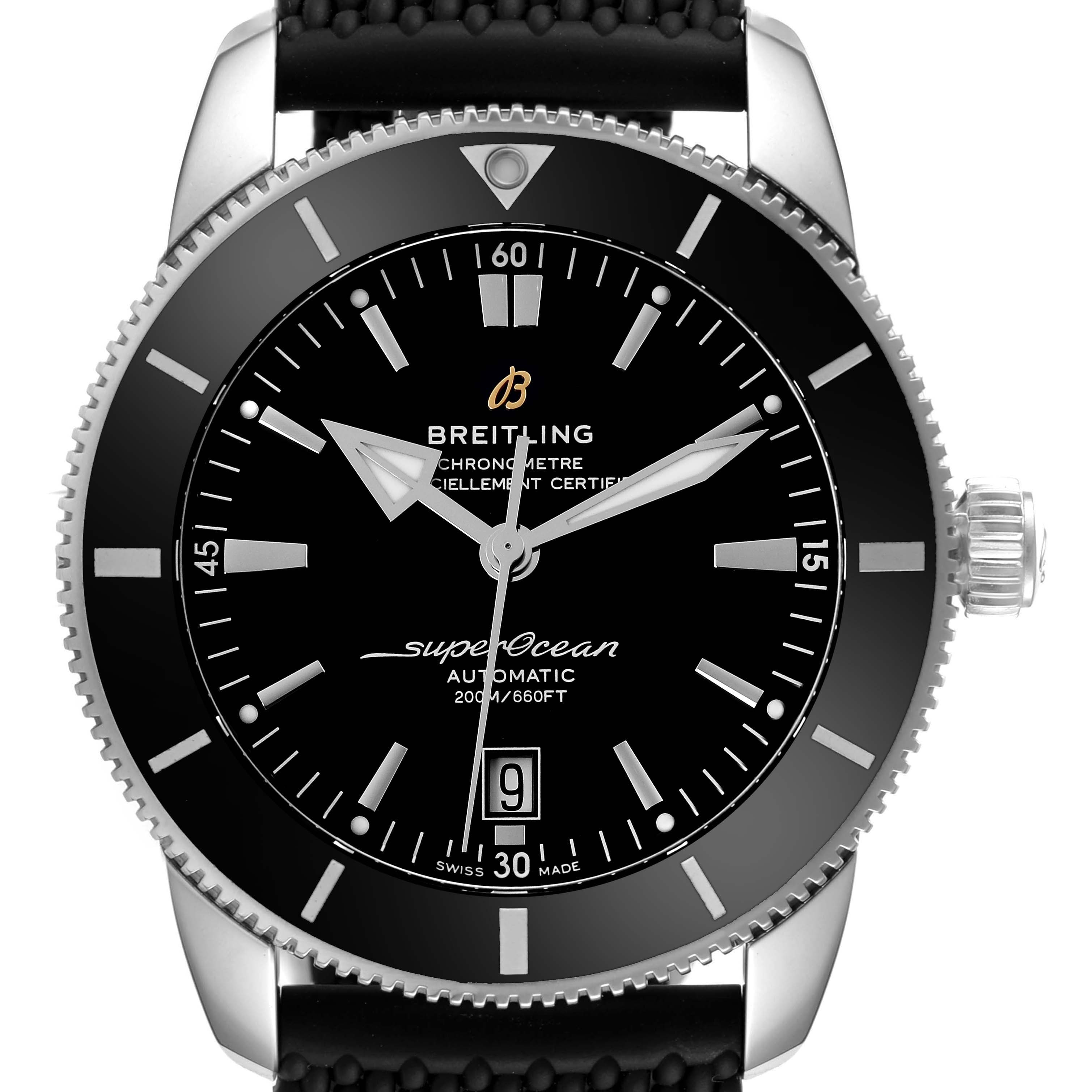 The Breitling Superocean AB202012-B1S1 Men's Stainless Steel Black Dial AB202012-B1S1 Men's Stainless Steel Black Dial watch is shown from a front angle, displaying the dial, bezel, and crown clearly.