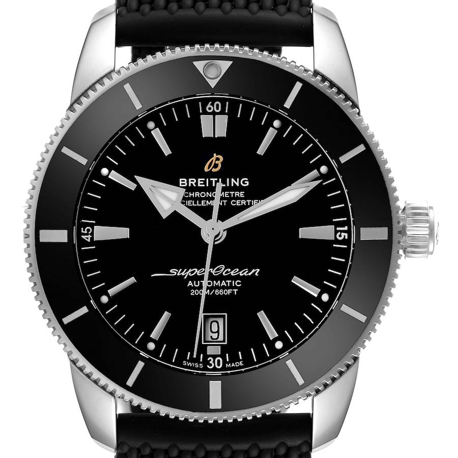 The Breitling Superocean watch is shown from a front angle, displaying the dial, bezel, and crown clearly.