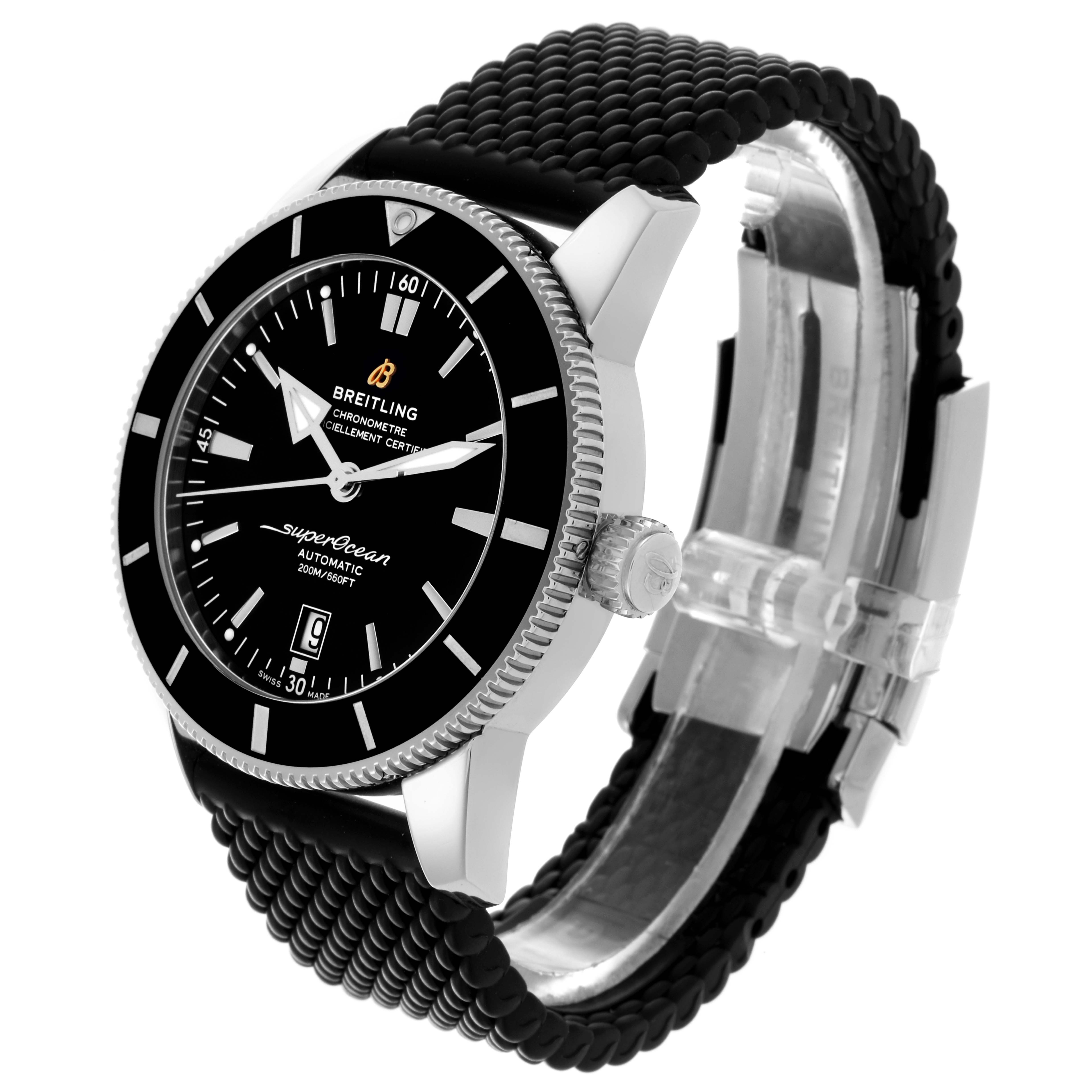 The Breitling Superocean AB202012-B1S1 Men's Stainless Steel Black Dial AB202012-B1S1 Men's Stainless Steel Black Dial watch is shown at a three-quarter angle, displaying the face, bezel, and part of the band.