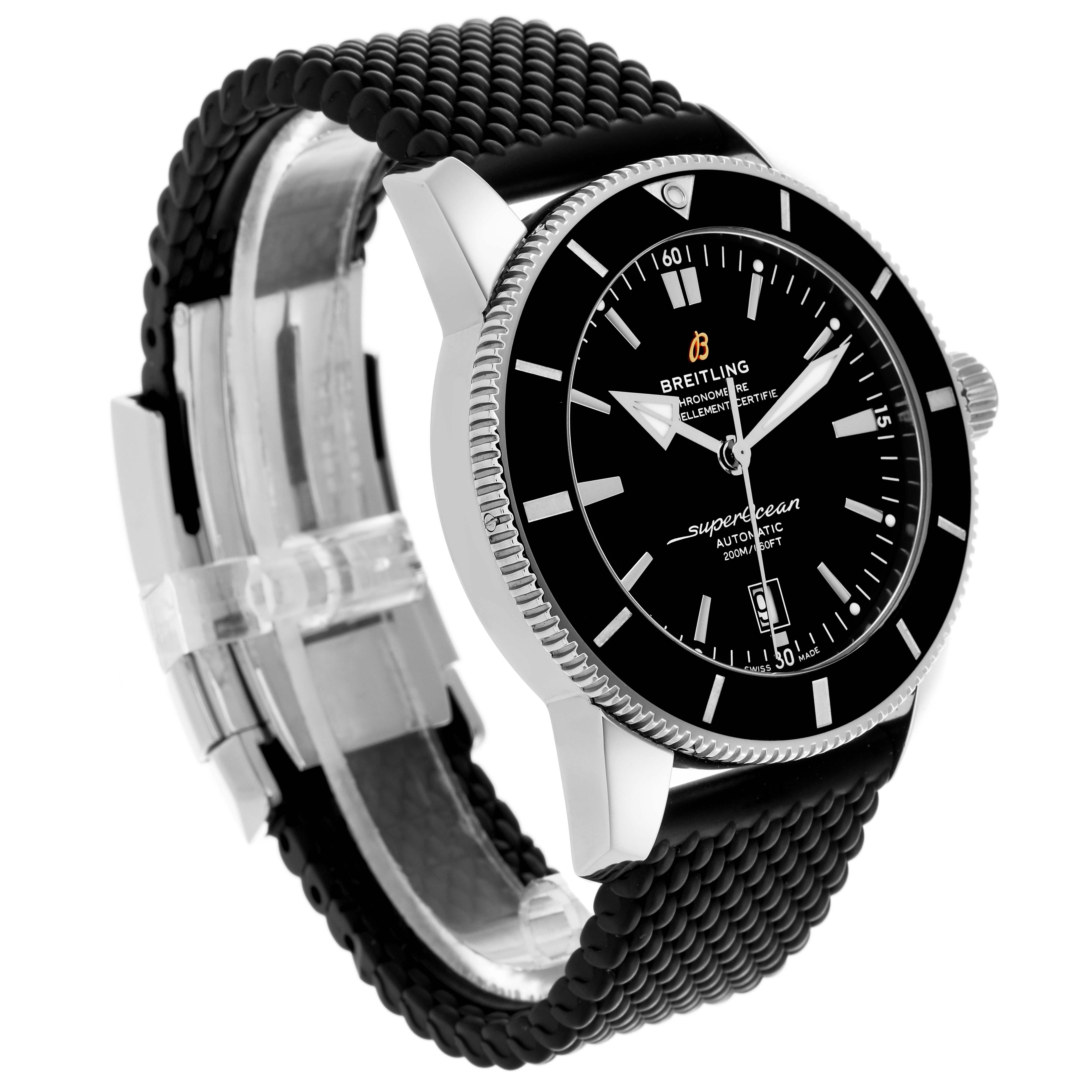 The Breitling Superocean AB202012-B1S1 Men's Stainless Steel Black Dial AB202012-B1S1 Men's Stainless Steel Black Dial watch is shown at a side angle highlighting its black dial, bezel, and textured strap.