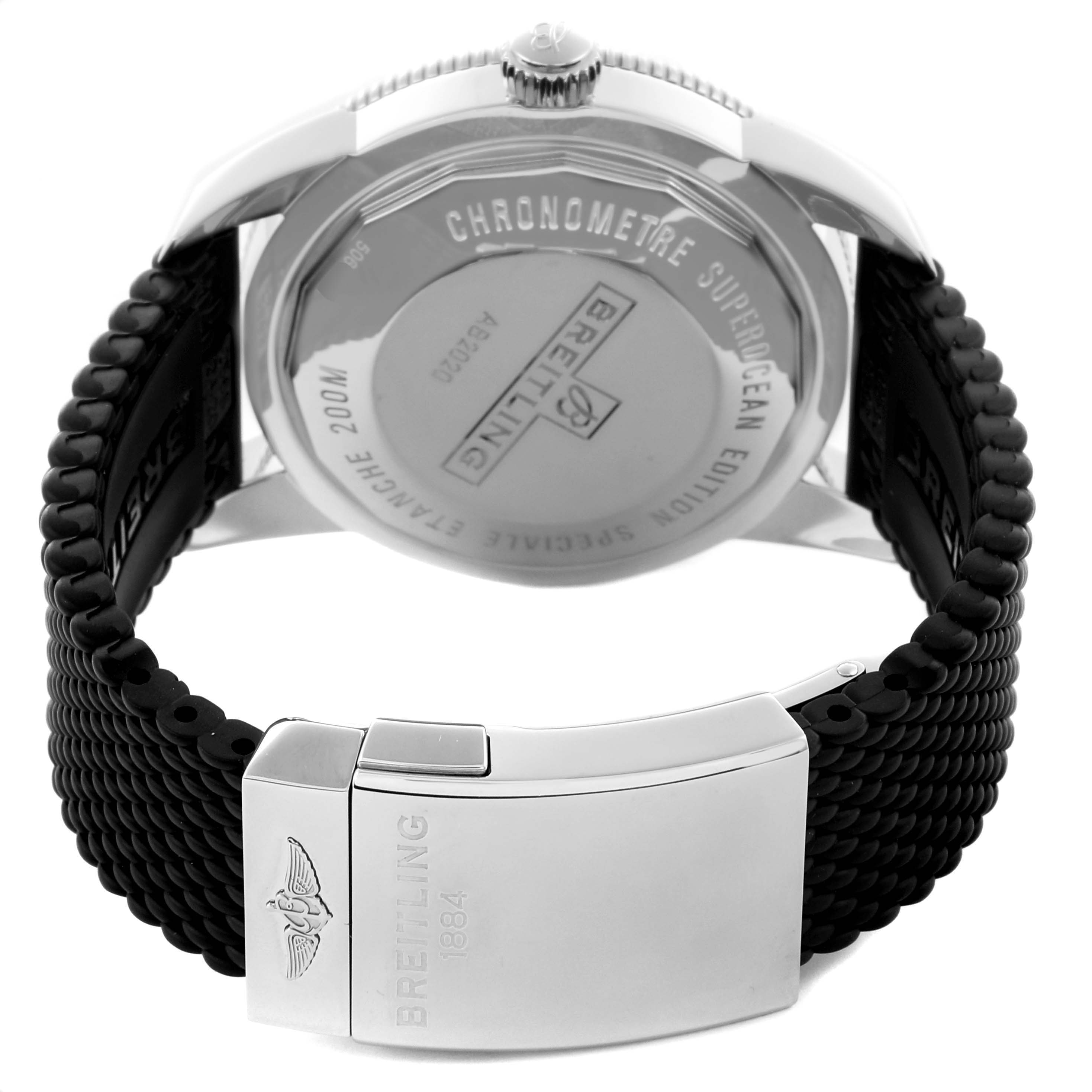 The image shows the back case and clasp of a Breitling Superocean AB202012-B1S1 Men's Stainless Steel Black Dial AB202012-B1S1 Men's Stainless Steel Black Dial watch, highlighting its strap and engraved details.