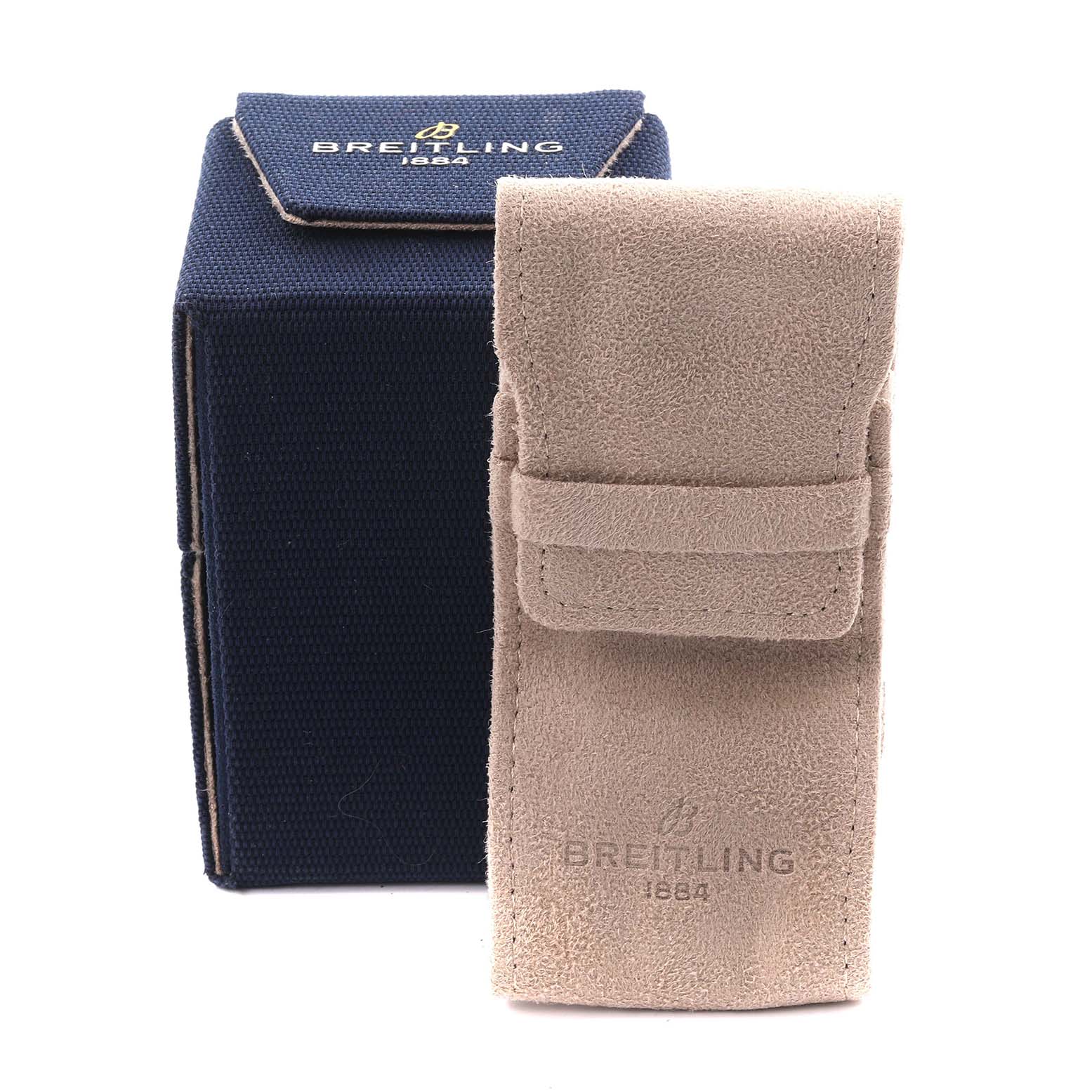 The image shows a Breitling Superocean AB202012-B1S1 Men's Stainless Steel Black Dial AB202012-B1S1 Men's Stainless Steel Black Dial watch case and pouch from a front angle, featuring brand logos.