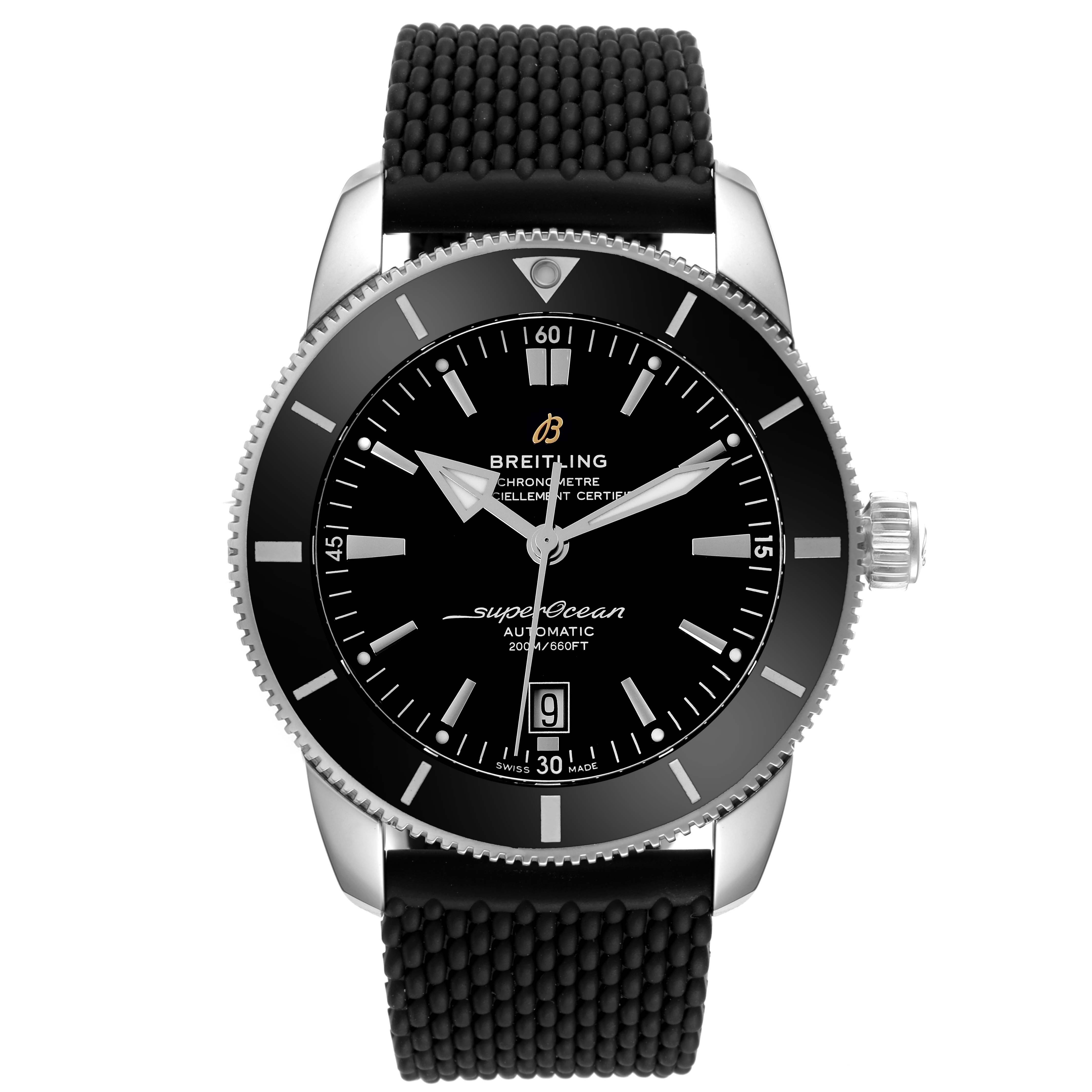 The Breitling Superocean AB202012-B1S1 Men's Stainless Steel Black Dial AB202012-B1S1 Men's Stainless Steel Black Dial watch is shown from a front angle, highlighting the dial, bezel, and strap.