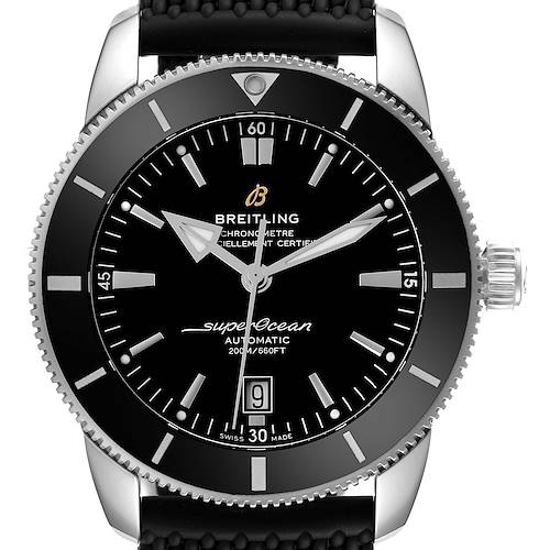 The Breitling Superocean watch is shown from a straight-on angle, highlighting the dial, bezel, and crown.