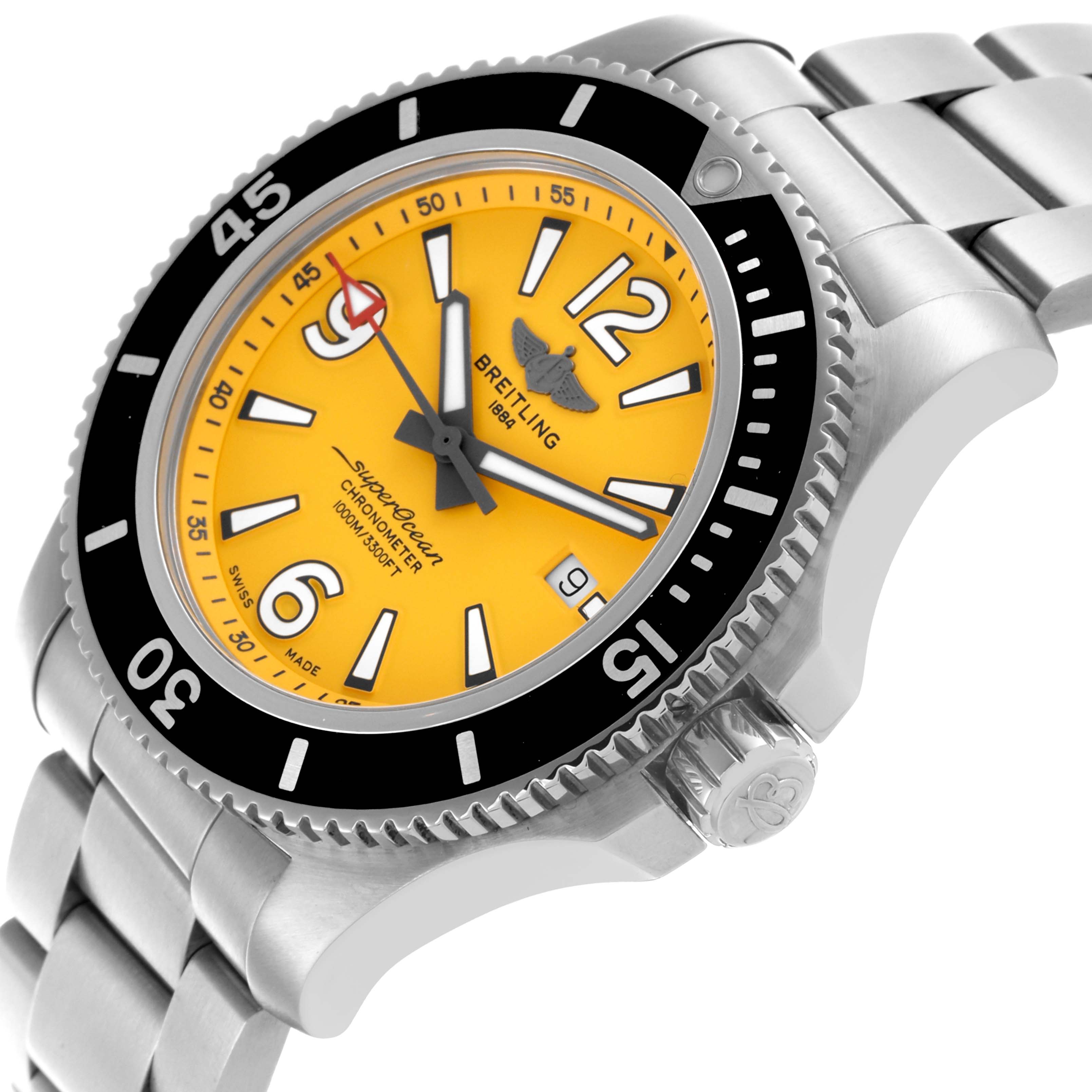 The Breitling Superocean A17367021I1A1 Men's Stainless Steel Yellow Dial A17367021I1A1 Men's Stainless Steel Yellow Dial watch is shown at a three-quarter angle, highlighting its yellow dial, bezel, crown, and bracelet.