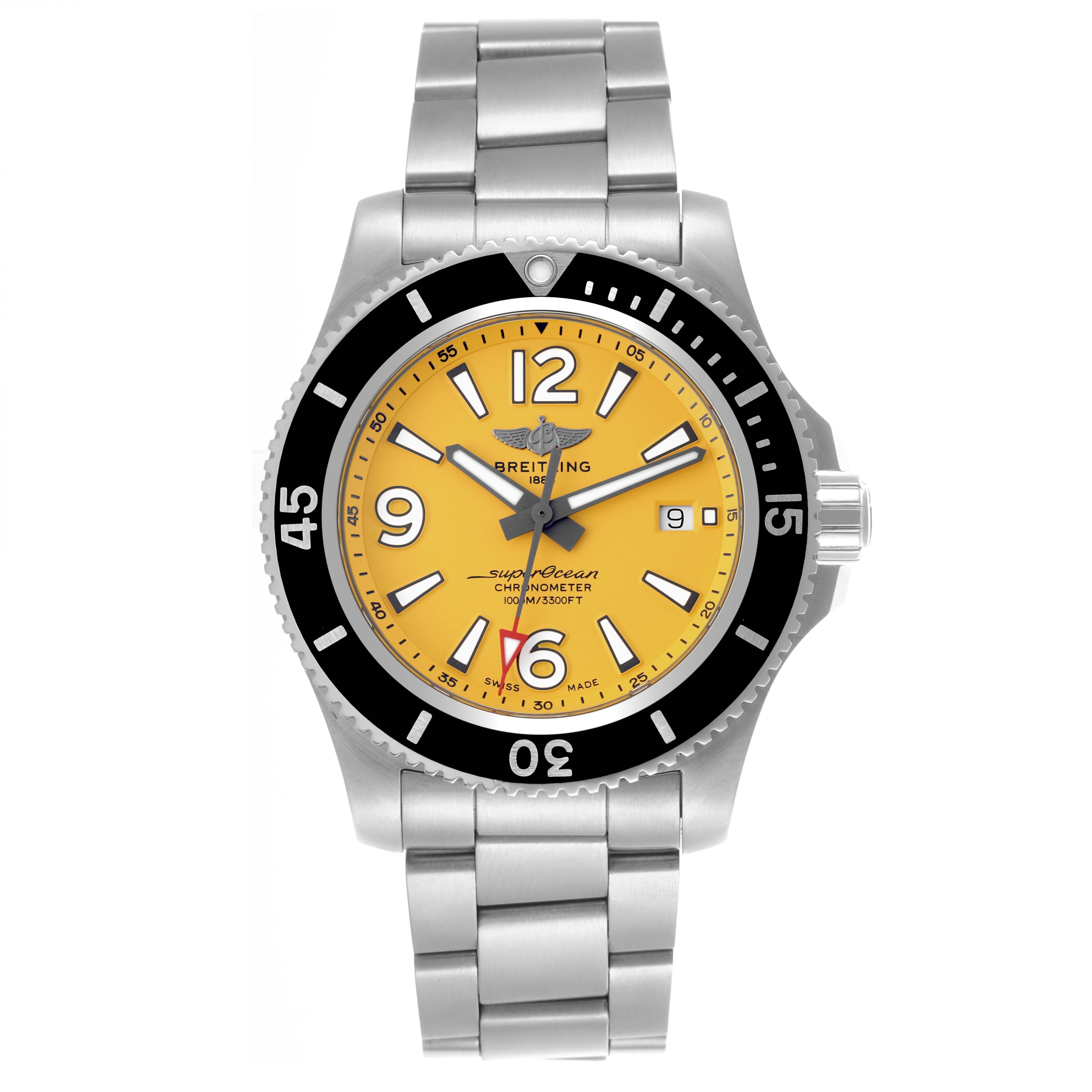 The Breitling Superocean A17367021I1A1 Men's Stainless Steel Yellow Dial A17367021I1A1 Men's Stainless Steel Yellow Dial watch is shown from a front angle, highlighting its yellow dial, black bezel, and metal bracelet.