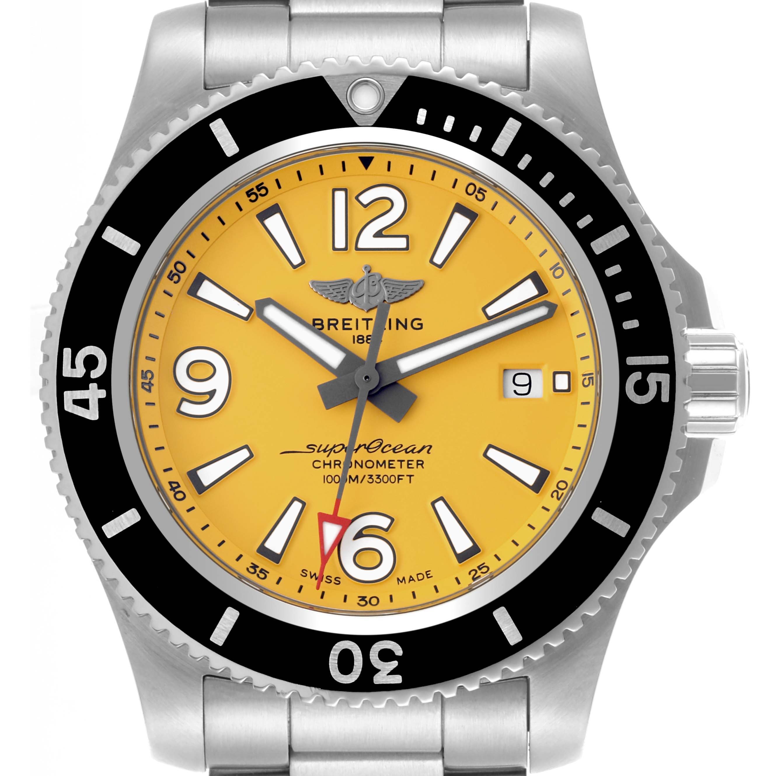 The Breitling Superocean A17367021I1A1 Men's Stainless Steel Yellow Dial A17367021I1A1 Men's Stainless Steel Yellow Dial watch is shown from a front view, displaying its yellow dial, bezel, and date window.