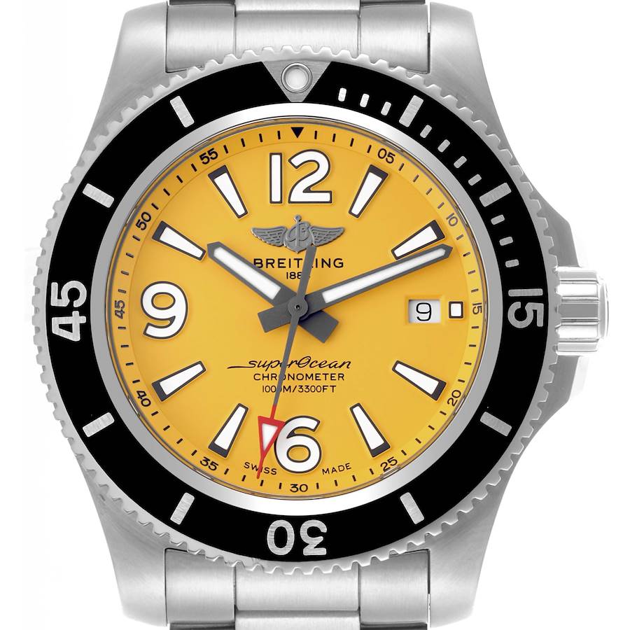 The Breitling Superocean watch is shown from a front view, displaying its yellow dial, bezel, and date window.