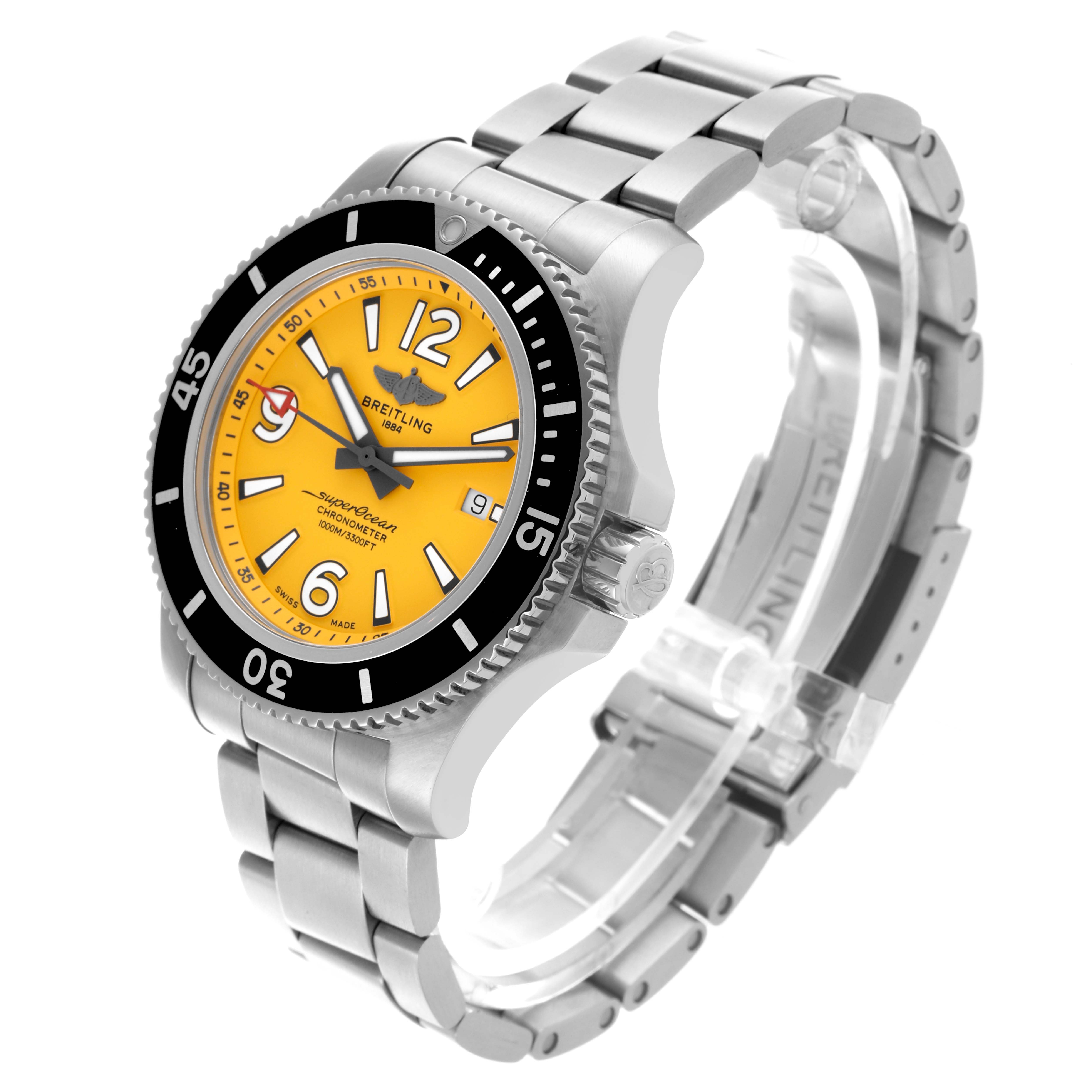 The Breitling Superocean A17367021I1A1 Men's Stainless Steel Yellow Dial A17367021I1A1 Men's Stainless Steel Yellow Dial watch is shown at an angled side view, highlighting the yellow dial, bezel, and metal bracelet.