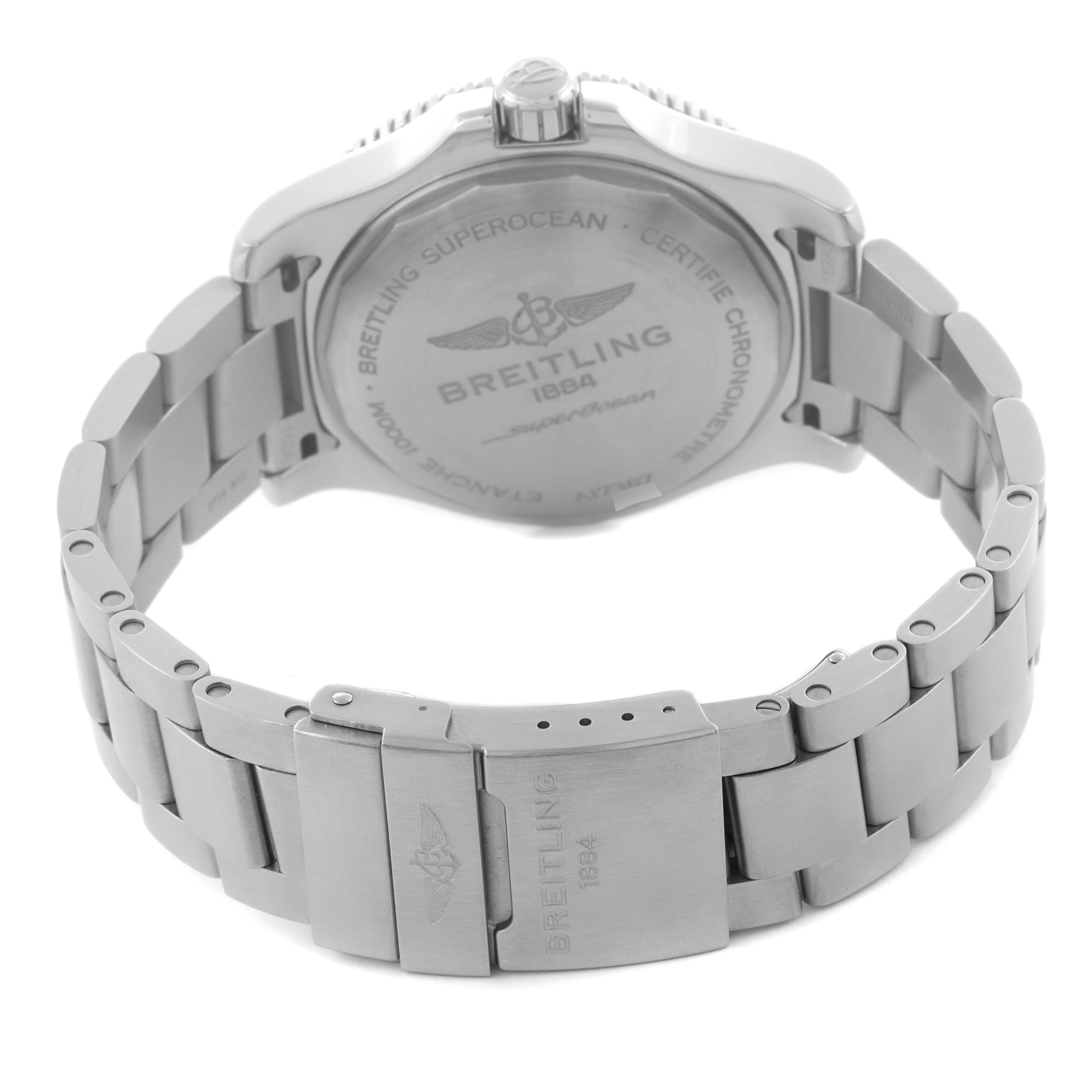 The image shows the back case and bracelet clasp of a Breitling Superocean A17367021I1A1 Men's Stainless Steel Yellow Dial A17367021I1A1 Men's Stainless Steel Yellow Dial watch from a rear angle.