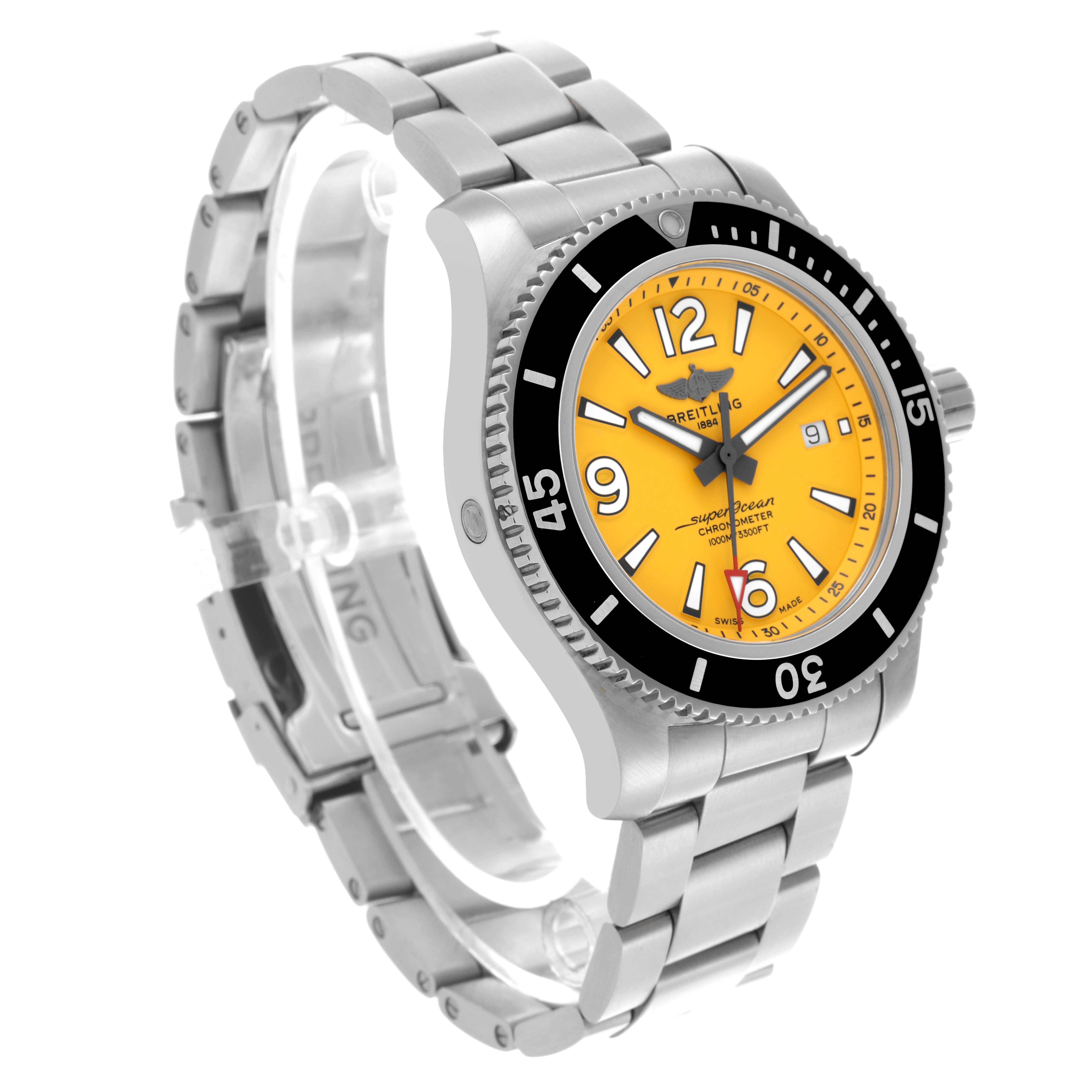 The Breitling Superocean A17367021I1A1 Men's Stainless Steel Yellow Dial A17367021I1A1 Men's Stainless Steel Yellow Dial watch is shown at a three-quarter angle, highlighting its yellow dial, bezel, and metal bracelet.