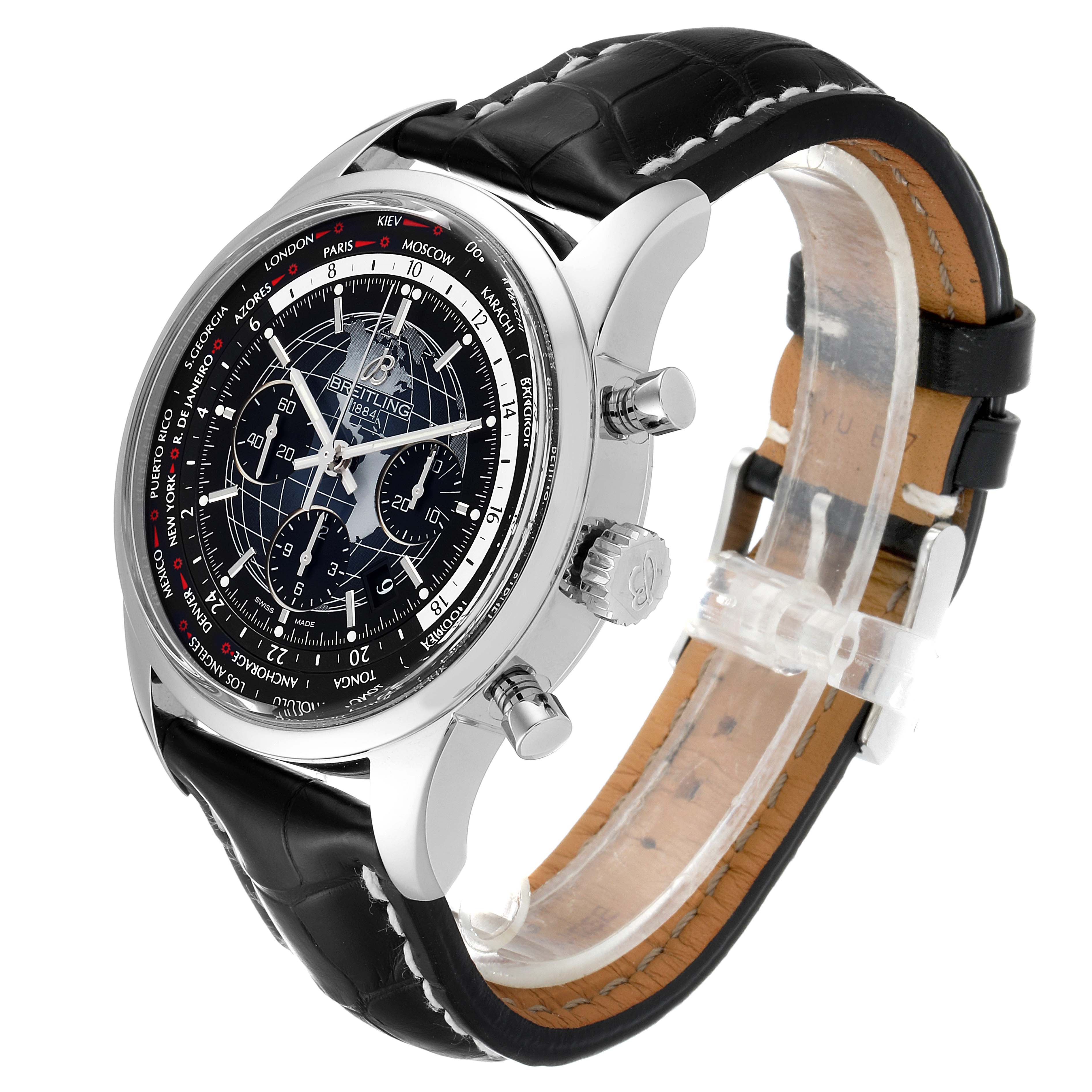 The image shows a Breitling Transocean AB0510 Men's Stainless Steel Black Dial AB0510 Men's Stainless Steel Black Dial watch at a three-quarter angle, highlighting its black leather strap, dial, crown, and pushers.