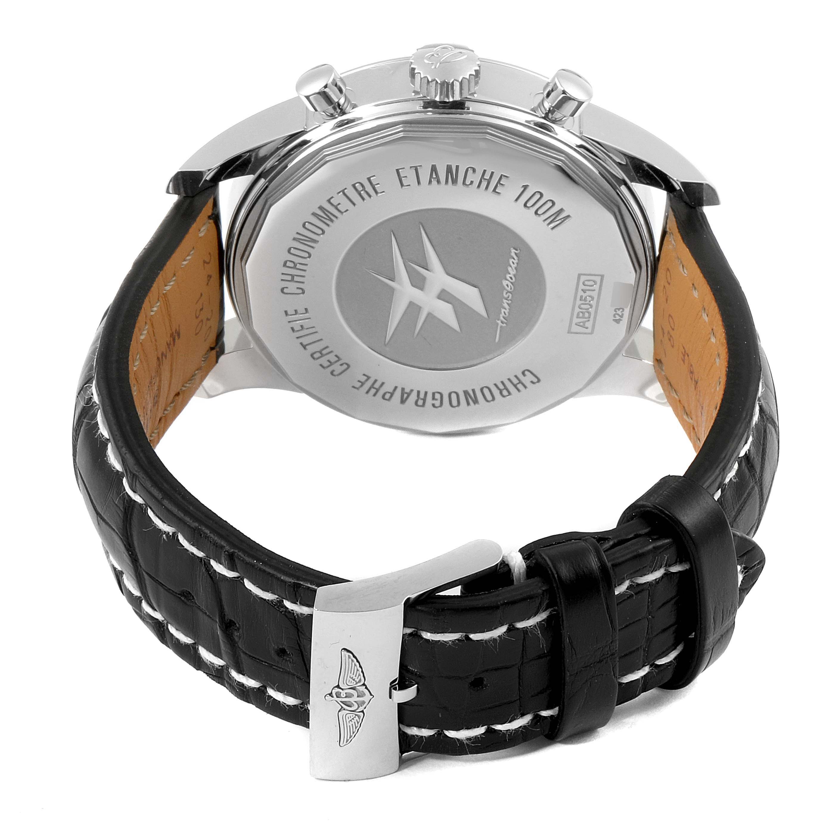 The image shows the back of the Breitling Transocean AB0510 Men's Stainless Steel Black Dial AB0510 Men's Stainless Steel Black Dial watch and its leather strap with a logo-engraved buckle.
