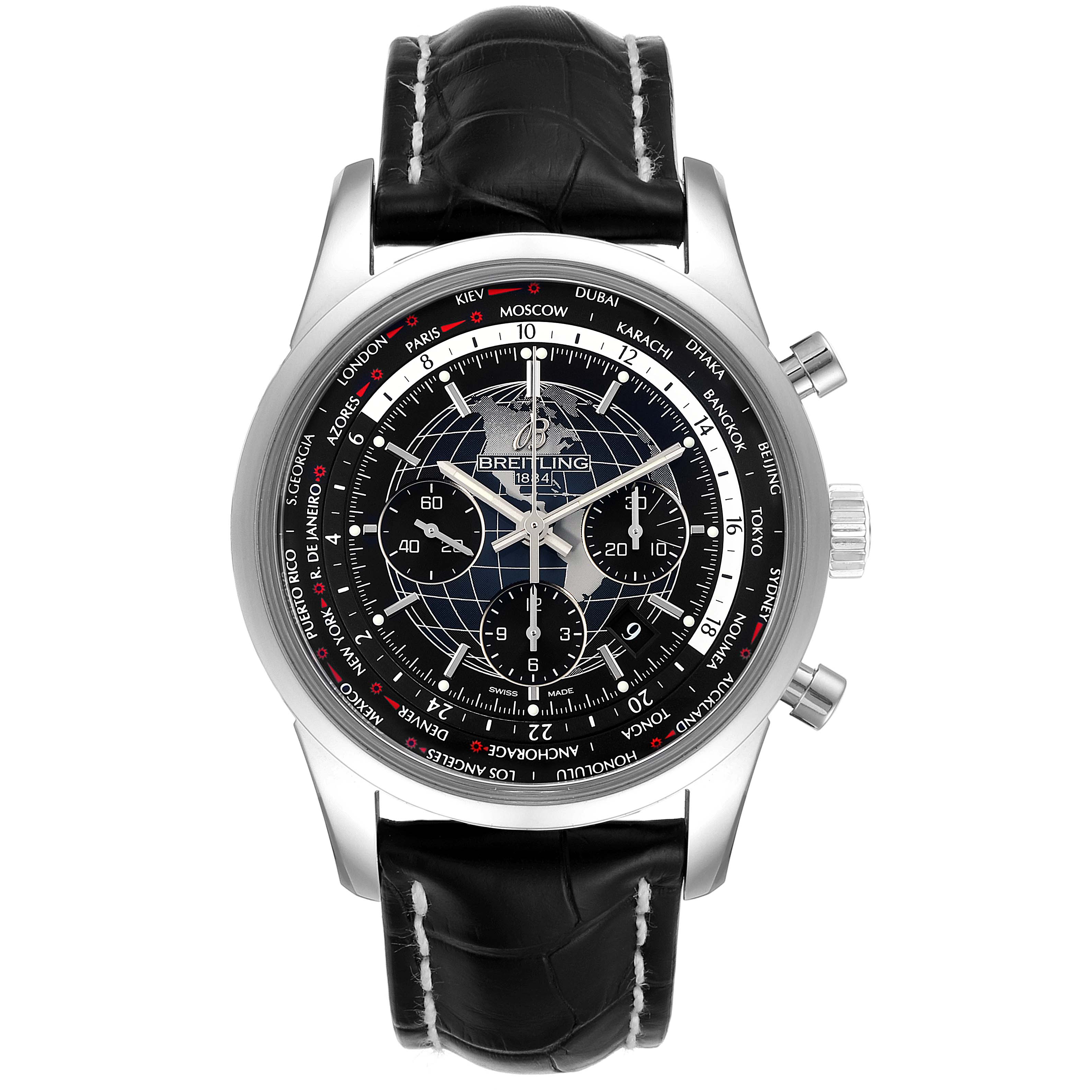 The image shows a front view of a Breitling Transocean AB0510 Men's Stainless Steel Black Dial AB0510 Men's Stainless Steel Black Dial watch, displaying the face, bezel, crown, chronograph pushers, and black leather strap.