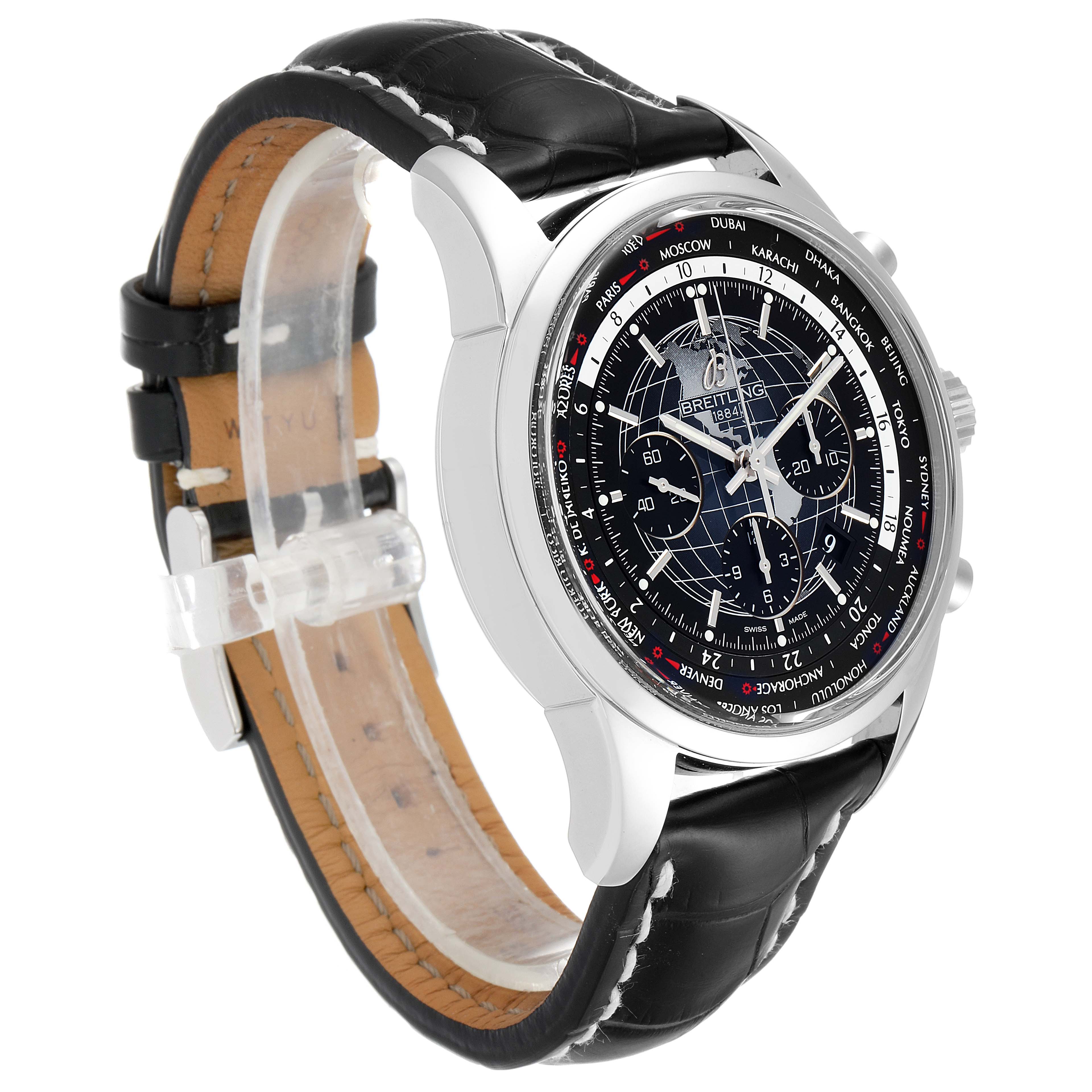 The Breitling Transocean AB0510 Men's Stainless Steel Black Dial AB0510 Men's Stainless Steel Black Dial watch is shown at a 3-quarter angle, displaying the face, bezel, crown, and black leather strap.