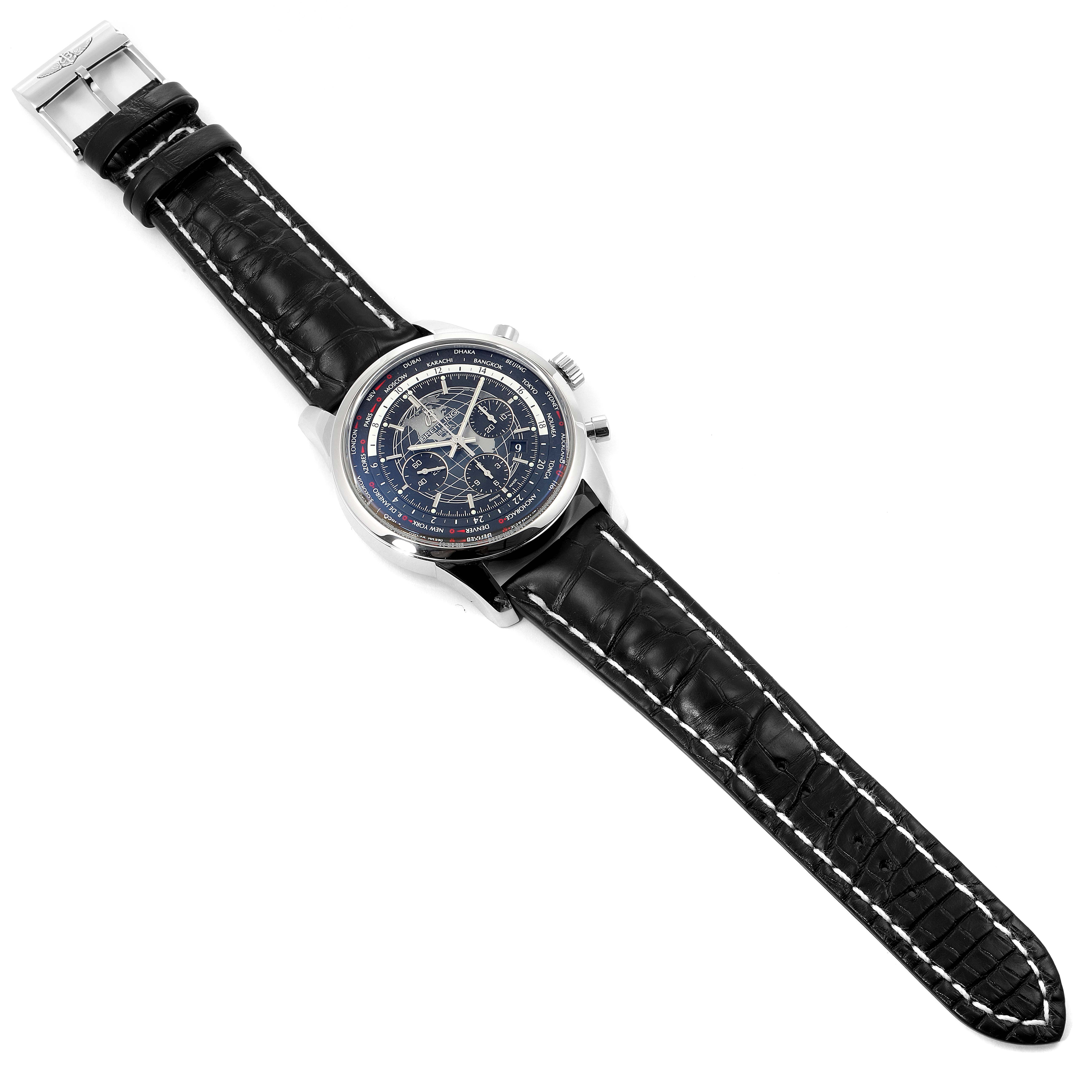 The image shows a top-down view of the Breitling Transocean AB0510 Men's Stainless Steel Black Dial AB0510 Men's Stainless Steel Black Dial watch, displaying the face, bezel, and black leather strap.