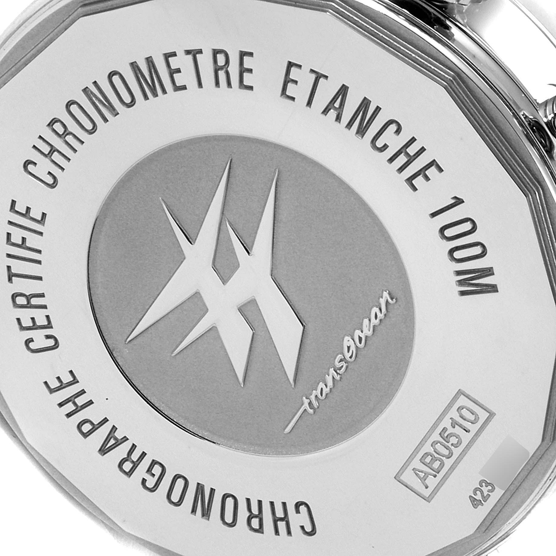 This image shows the case back of a Breitling Transocean AB0510 Men's Stainless Steel Black Dial AB0510 Men's Stainless Steel Black Dial watch, highlighting its inscriptions and logo.