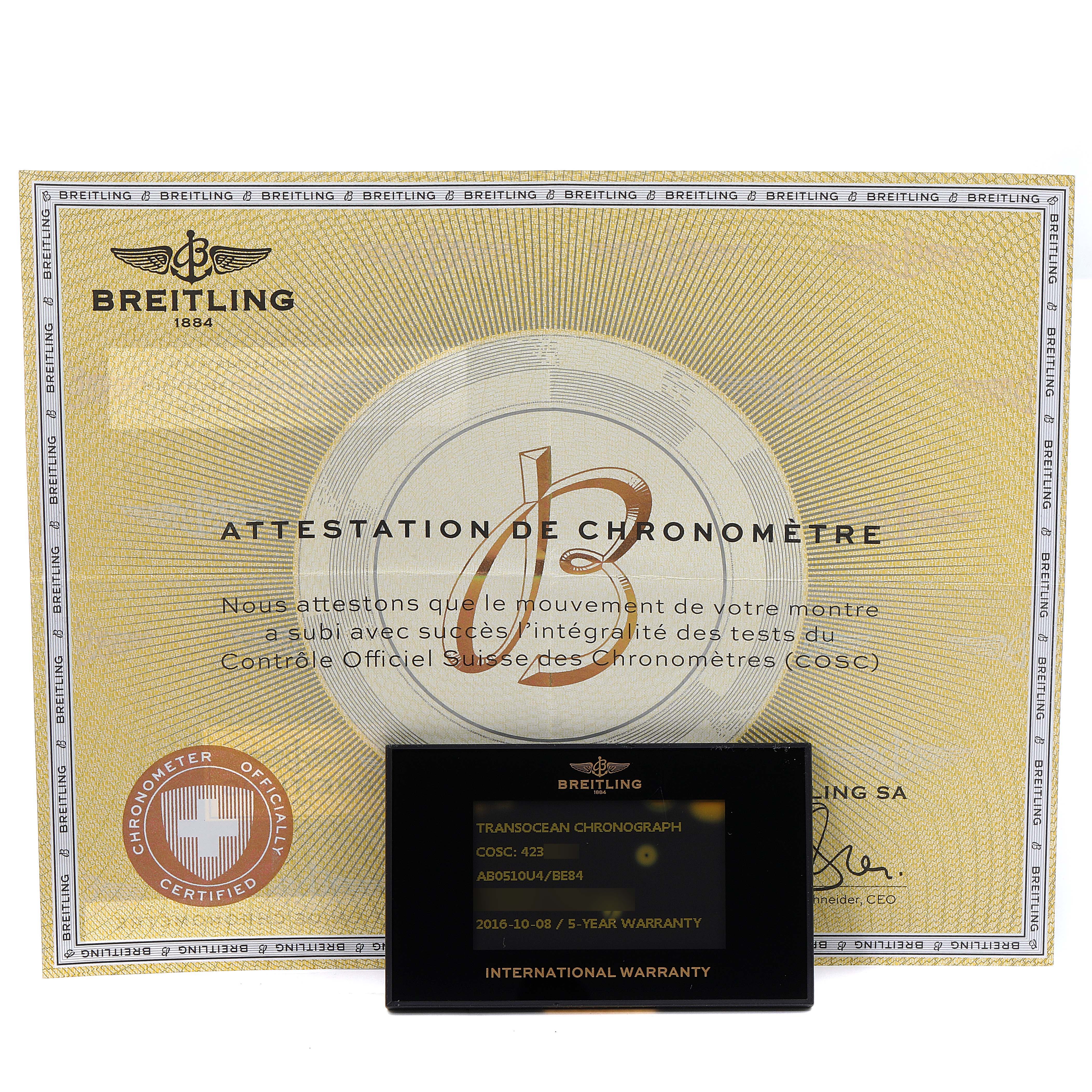 The image shows the warranty card and certification for a Breitling Transocean AB0510 Men's Stainless Steel Black Dial AB0510 Men's Stainless Steel Black Dial model watch.