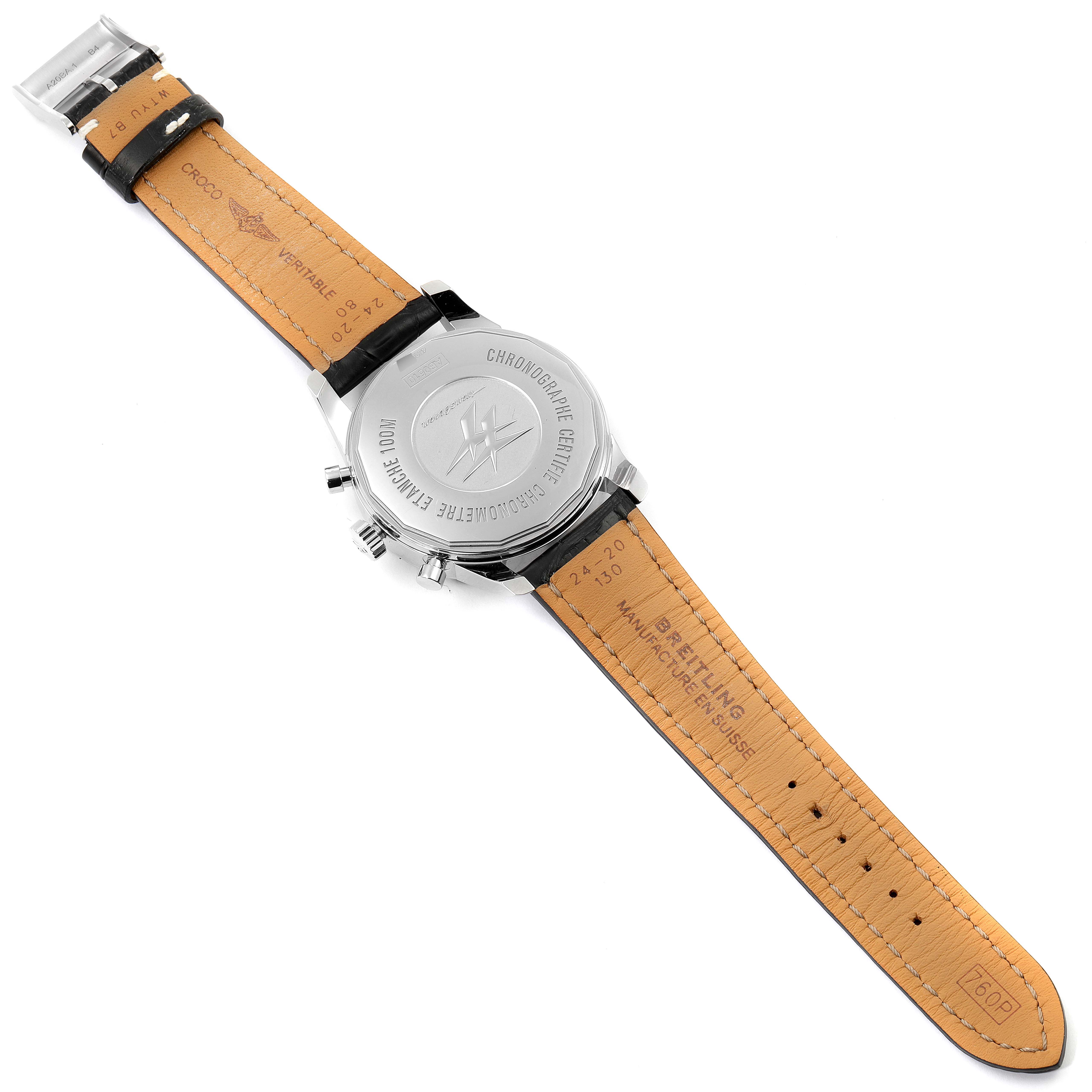 The image shows the back view of a Breitling Transocean AB0510 Men's Stainless Steel Black Dial AB0510 Men's Stainless Steel Black Dial watch, highlighting the leather strap and the case back.