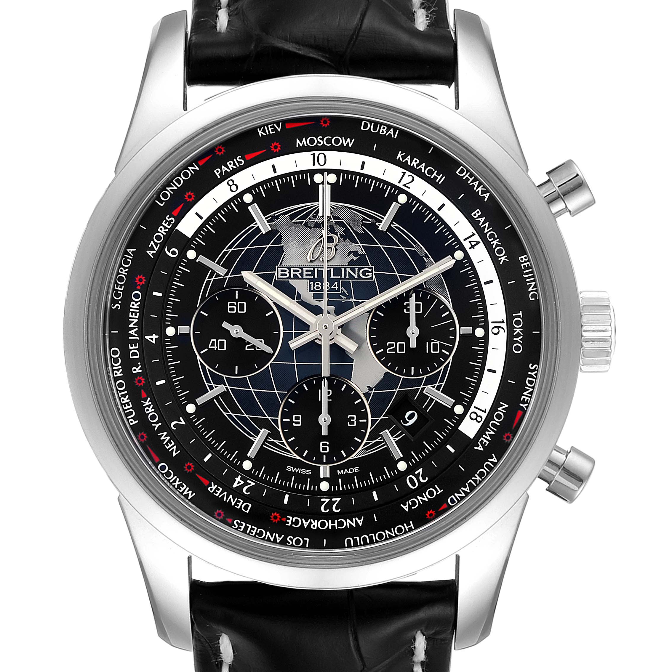 The image shows a front view of the Breitling Transocean AB0510 Men's Stainless Steel Black Dial AB0510 Men's Stainless Steel Black Dial watch, highlighting its dial, bezel, pushers, and leather strap.
