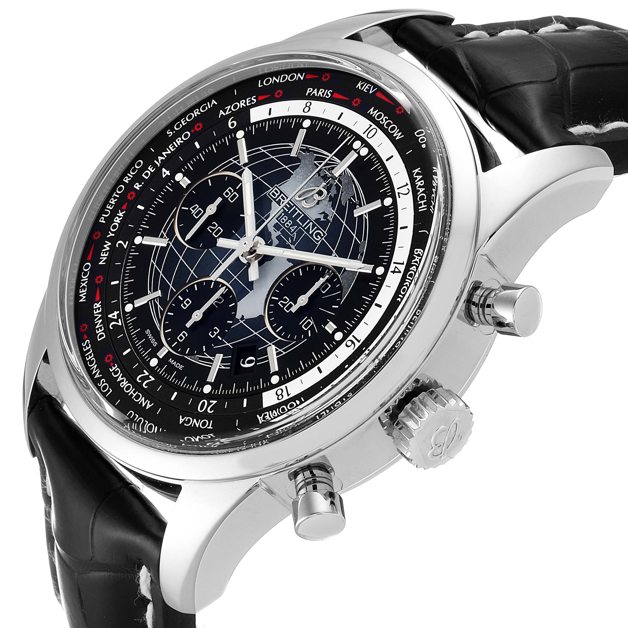 The image shows a side angle view of a Breitling Transocean AB0510 Men's Stainless Steel Black Dial AB0510 Men's Stainless Steel Black Dial watch, highlighting its dial, case, crown, and pushers.