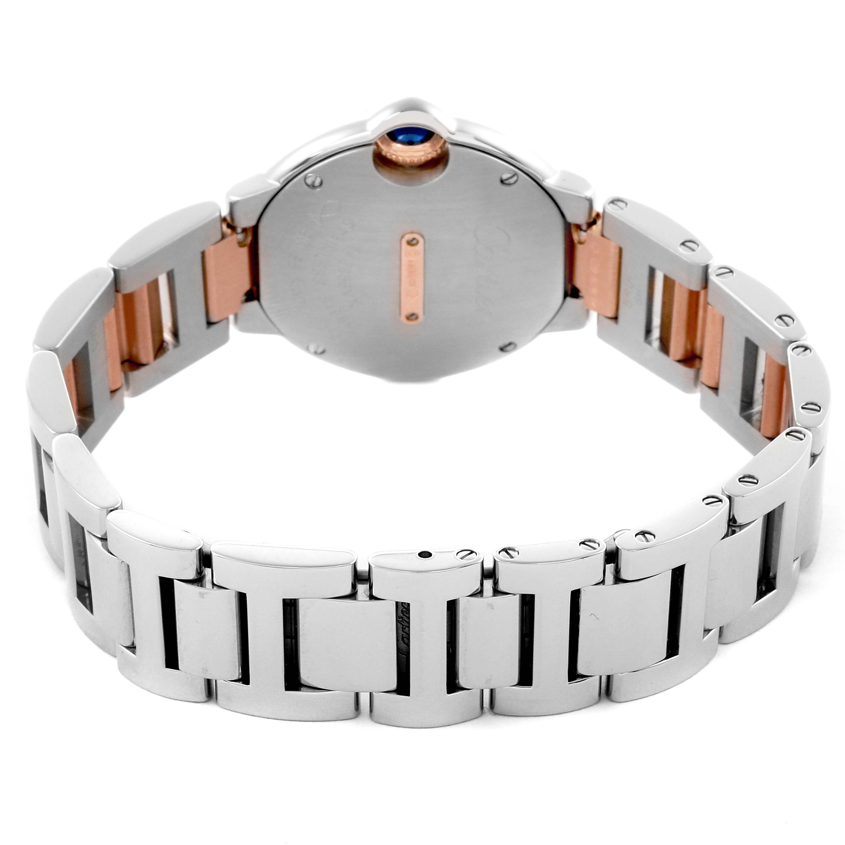 The image shows the back and bracelet of a Cartier Ballon Bleu W3BB0005 Women
s Steel and Gold (two tone) Silver Dial W3BB0005 Women
s Steel and Gold (two tone) Silver Dial watch, highlighting the clasp and integrated links.