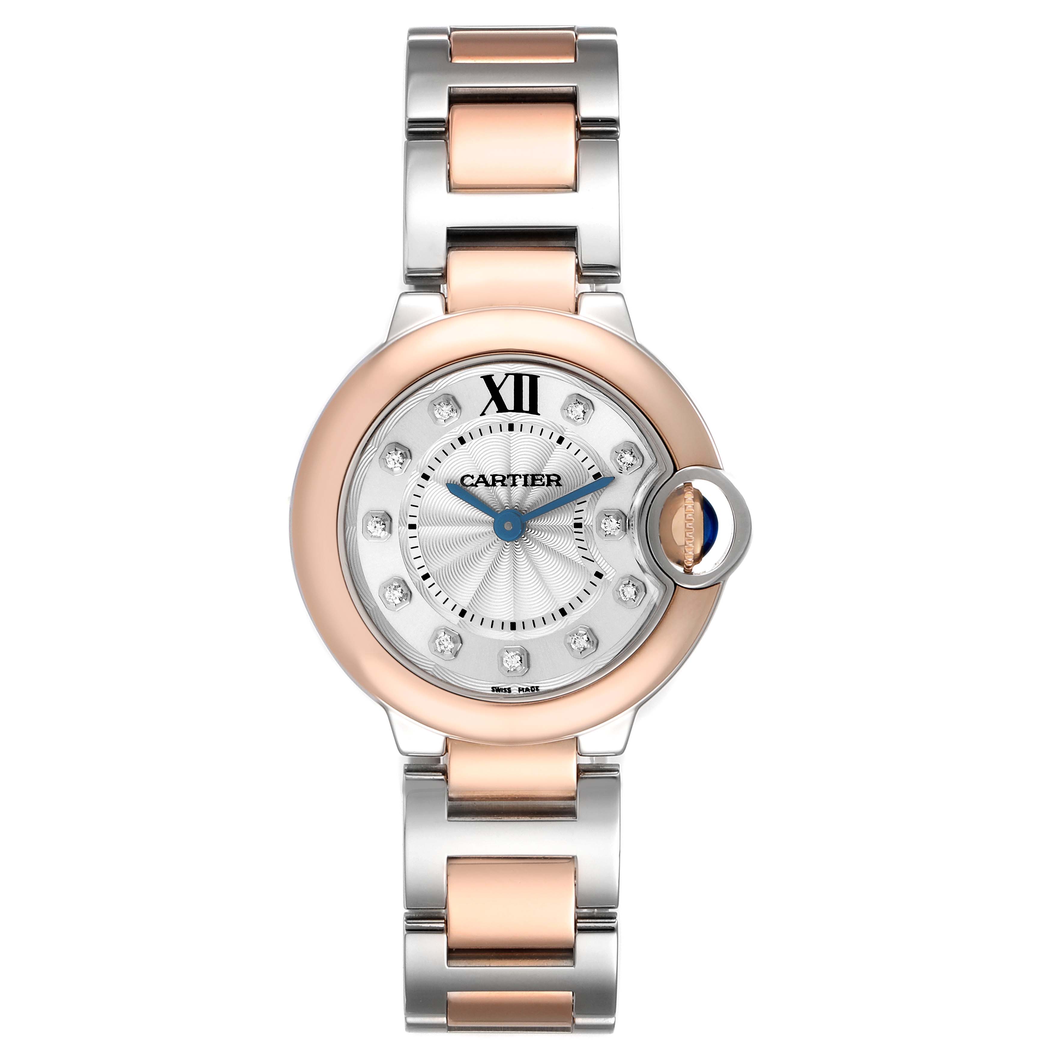 The Cartier Ballon Bleu W3BB0005 Women
s Steel and Gold (two tone) Silver Dial W3BB0005 Women
s Steel and Gold (two tone) Silver Dial watch is shown from the front, displaying its face and two-tone metal bracelet.