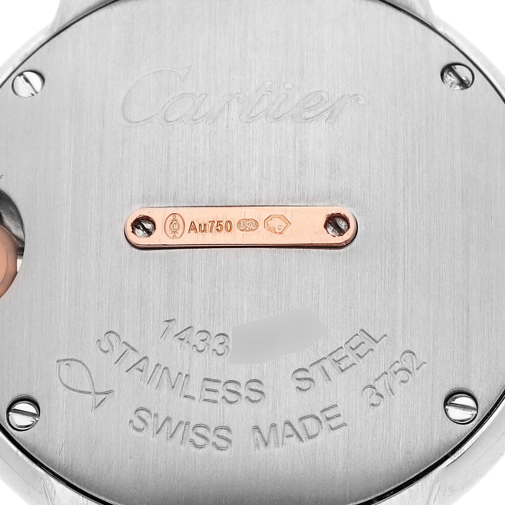 The image shows the back of a Cartier Ballon Bleu W3BB0005 Women
s Steel and Gold (two tone) Silver Dial W3BB0005 Women
s Steel and Gold (two tone) Silver Dial watch, highlighting its stainless steel case and inscriptions.