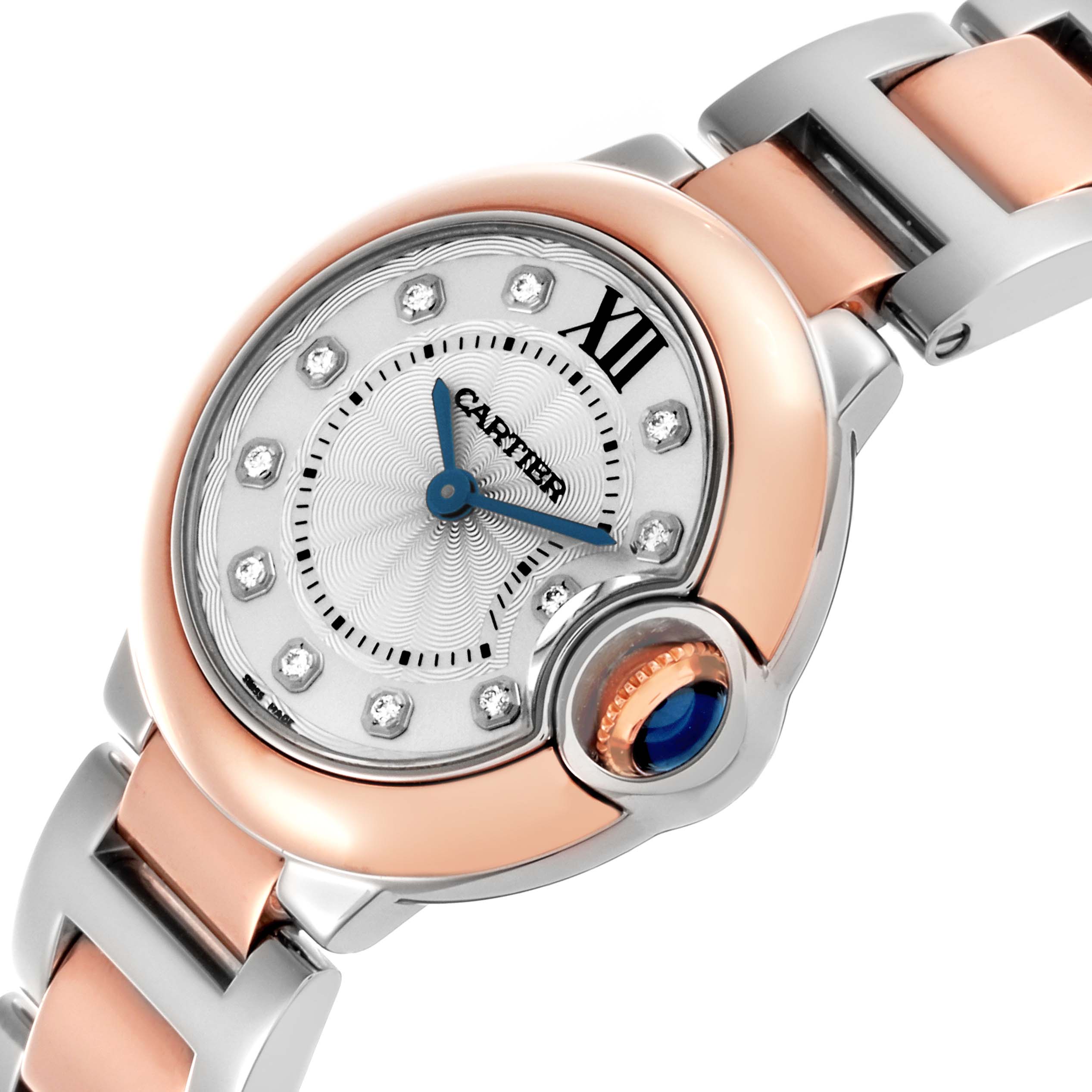 The image shows a close-up angled view of the Cartier Ballon Bleu W3BB0005 Women
s Steel and Gold (two tone) Silver Dial W3BB0005 Women
s Steel and Gold (two tone) Silver Dial watch, highlighting the dial, crown, and bracelet.