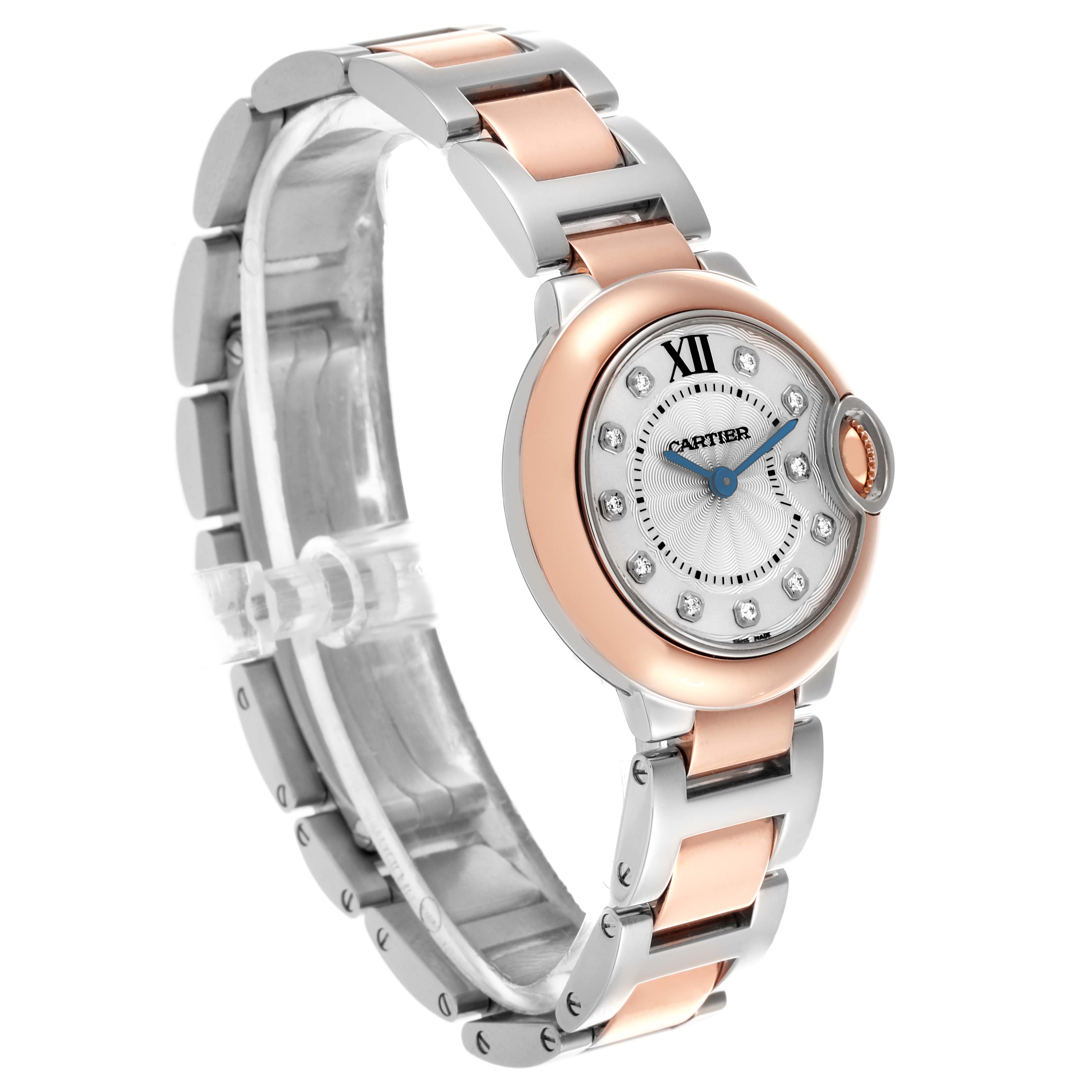 The Cartier Ballon Bleu W3BB0005 Women
s Steel and Gold (two tone) Silver Dial W3BB0005 Women
s Steel and Gold (two tone) Silver Dial watch is shown at an angled view, highlighting its round case, bracelet, and iconic crown.