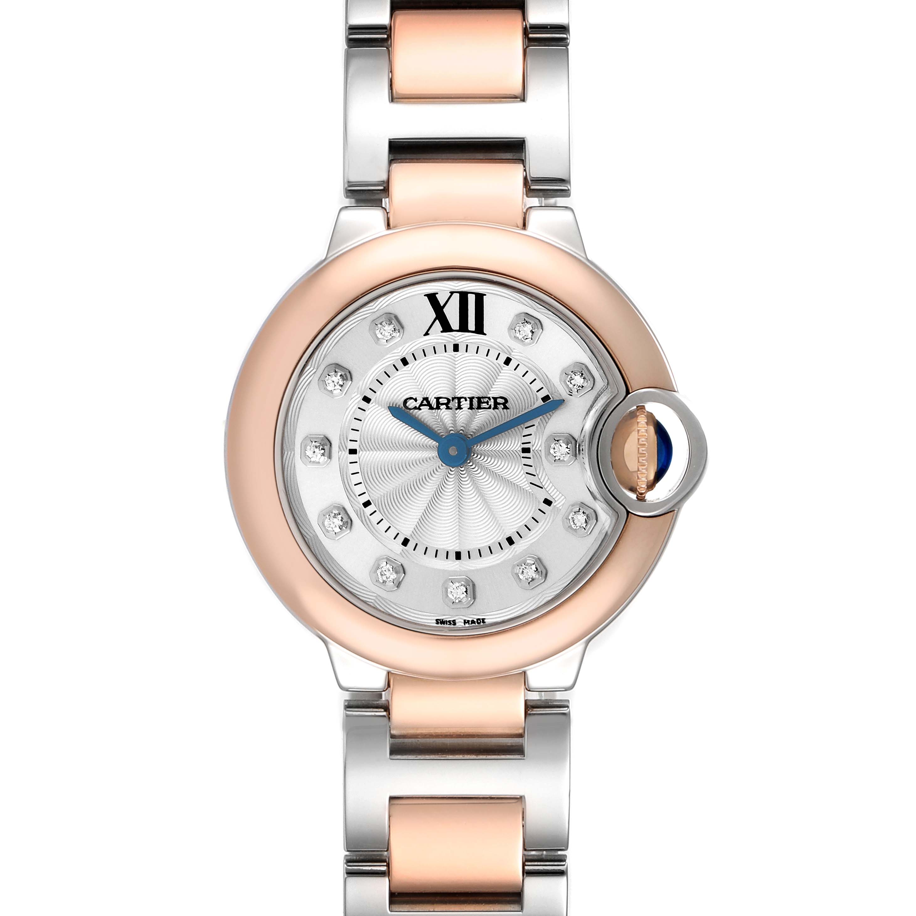 The Cartier Ballon Bleu W3BB0005 Women
s Steel and Gold (two tone) Silver Dial W3BB0005 Women
s Steel and Gold (two tone) Silver Dial watch is shown from a top view, displaying the face, Roman numeral hour markers, and bracelet.