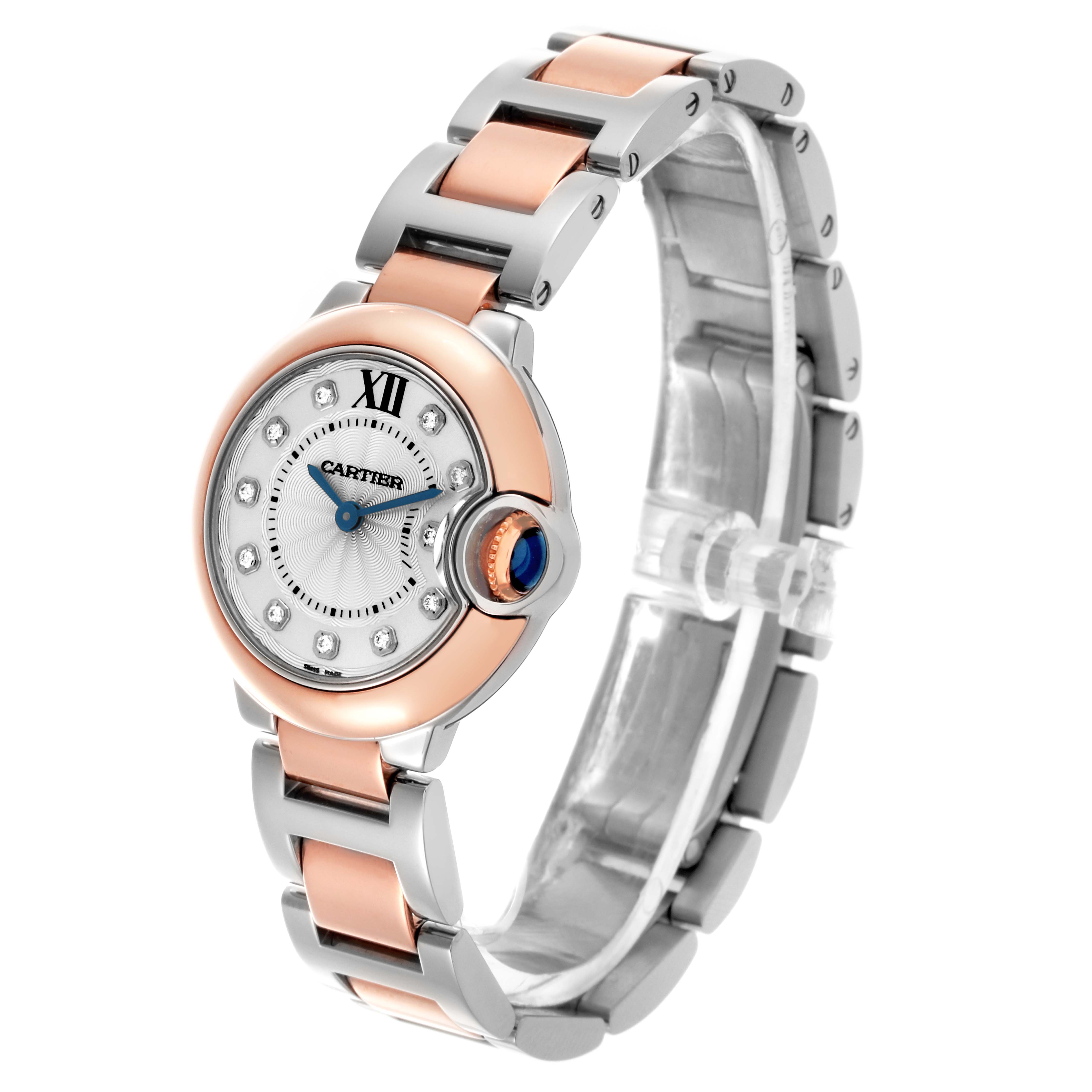 The Cartier Ballon Bleu W3BB0005 Women
s Steel and Gold (two tone) Silver Dial W3BB0005 Women
s Steel and Gold (two tone) Silver Dial watch is shown at a three-quarter angle, highlighting its round face, bezel, and metal bracelet.