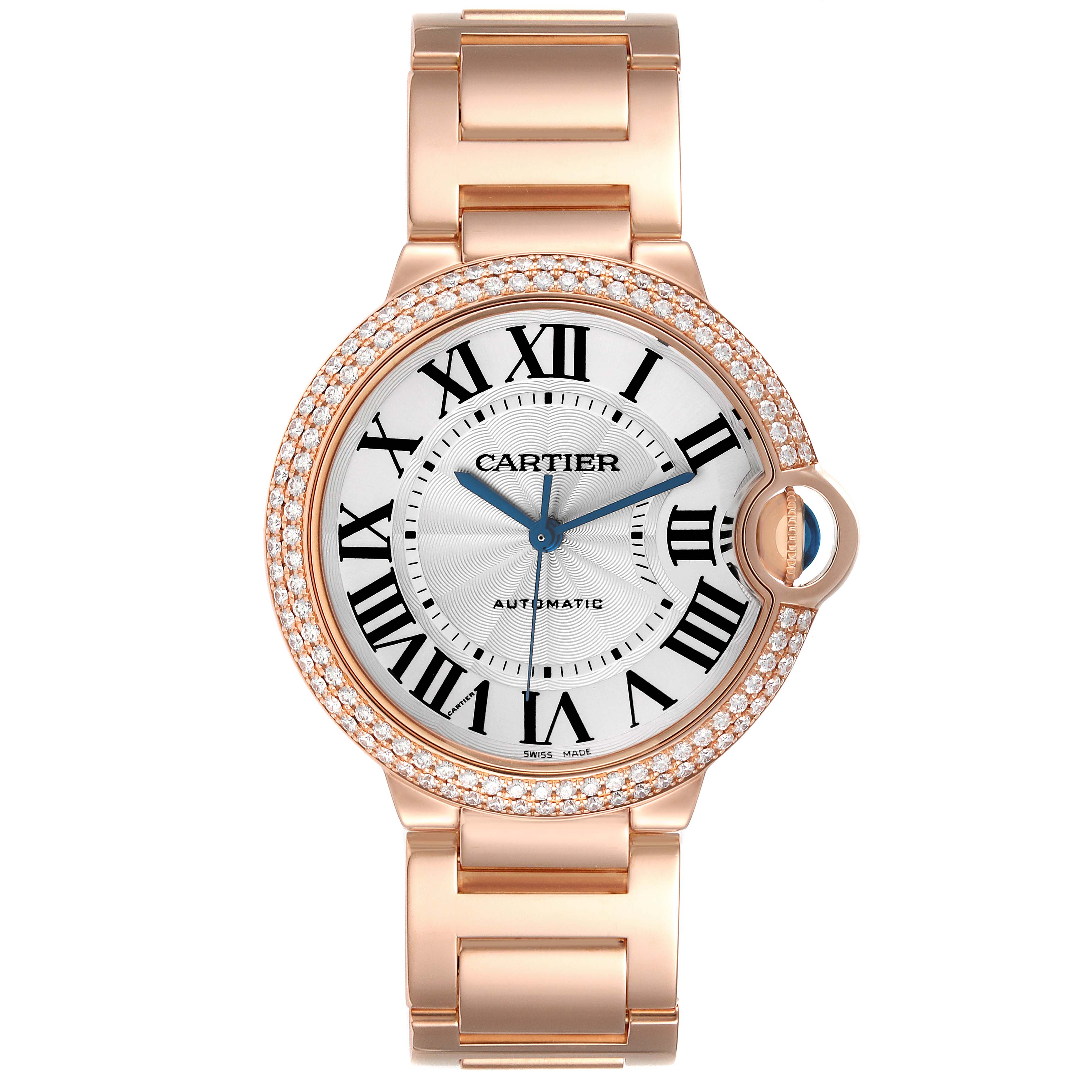 The Cartier Ballon Bleu WE9005Z3 Women
s Rose Gold Silver Dial WE9005Z3 Women
s Rose Gold Silver Dial watch is shown from a front angle, displaying the face, bezel, and bracelet.