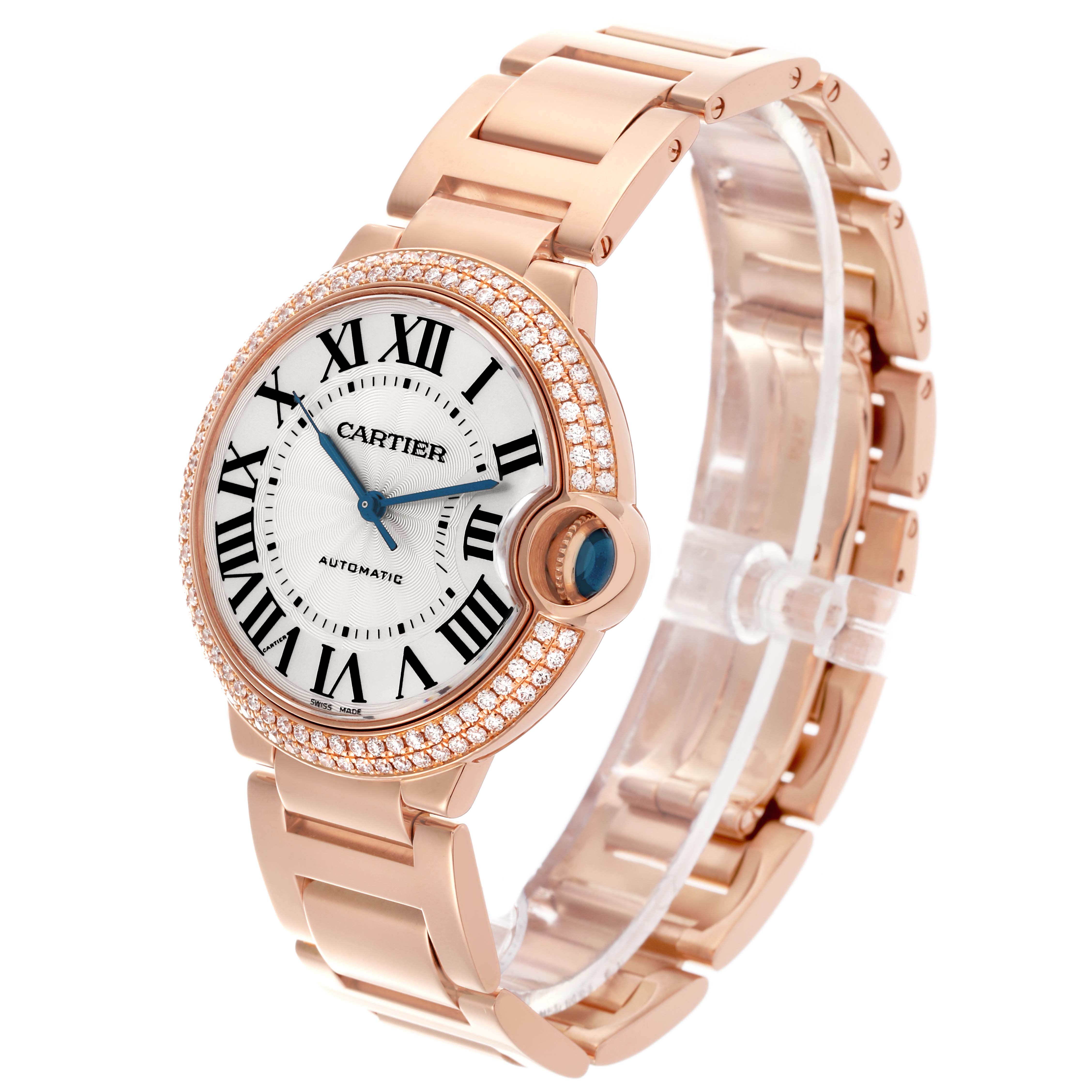 The Cartier Ballon Bleu WE9005Z3 Women
s Rose Gold Silver Dial WE9005Z3 Women
s Rose Gold Silver Dial watch is shown at a three-quarter angle, highlighting the face, bezel, and bracelet.