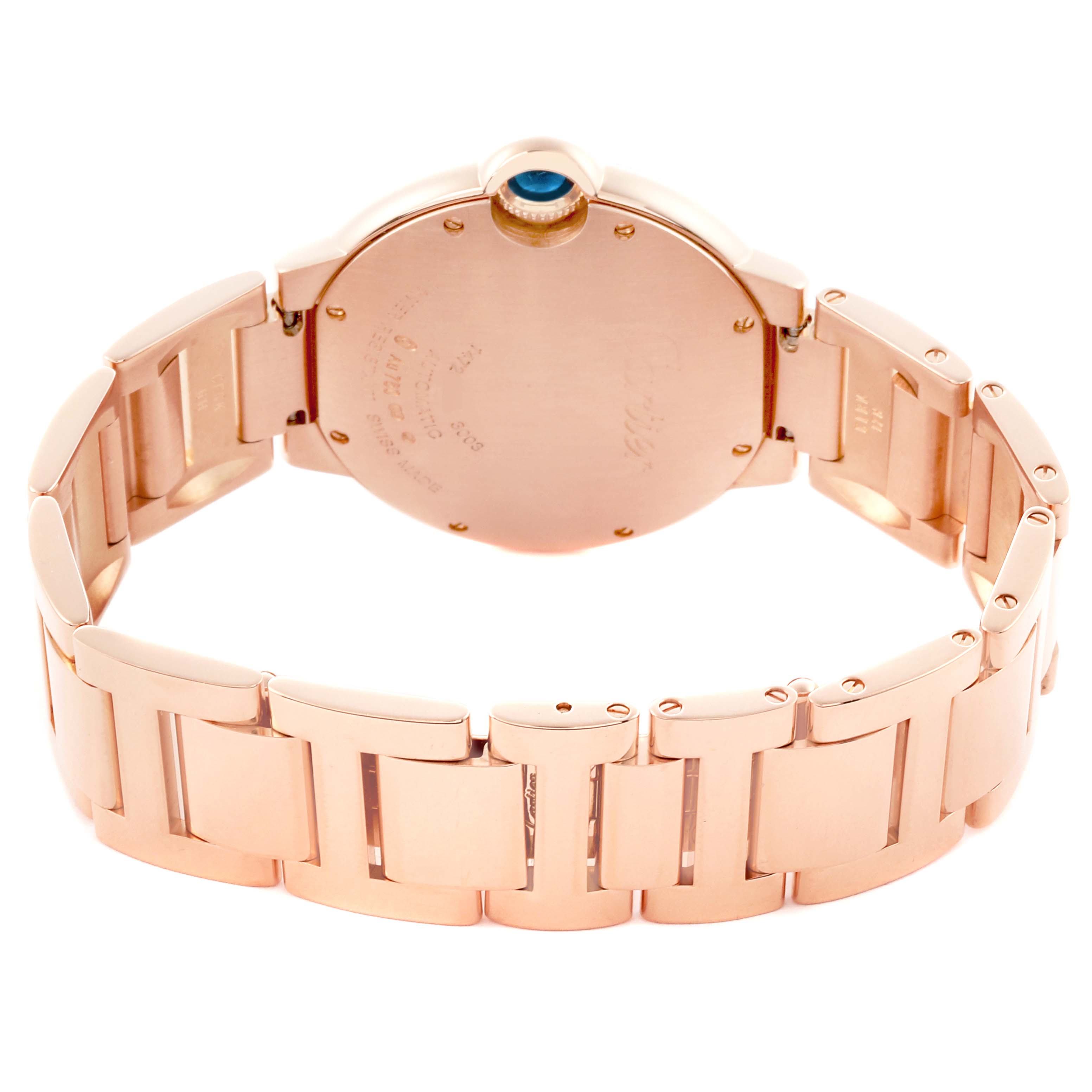 The image shows the back view of the Cartier Ballon Bleu WE9005Z3 Women
s Rose Gold Silver Dial WE9005Z3 Women
s Rose Gold Silver Dial watch, highlighting the bracelet and case back.