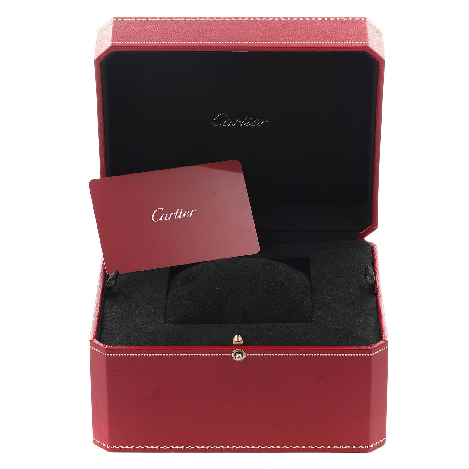 The image shows an open Cartier Ballon Bleu WE9005Z3 Women
s Rose Gold Silver Dial WE9005Z3 Women
s Rose Gold Silver Dial watch box with a red card inside.