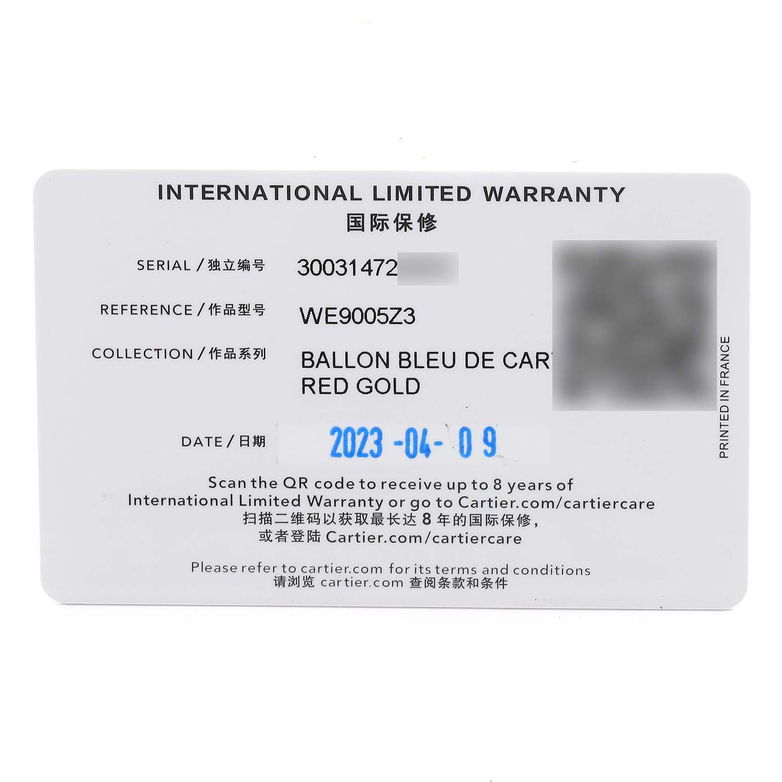 The image shows an international limited warranty card for the Cartier Ballon Bleu WE9005Z3 Women
s Rose Gold Silver Dial WE9005Z3 Women
s Rose Gold Silver Dial watch, featuring serial and reference numbers.