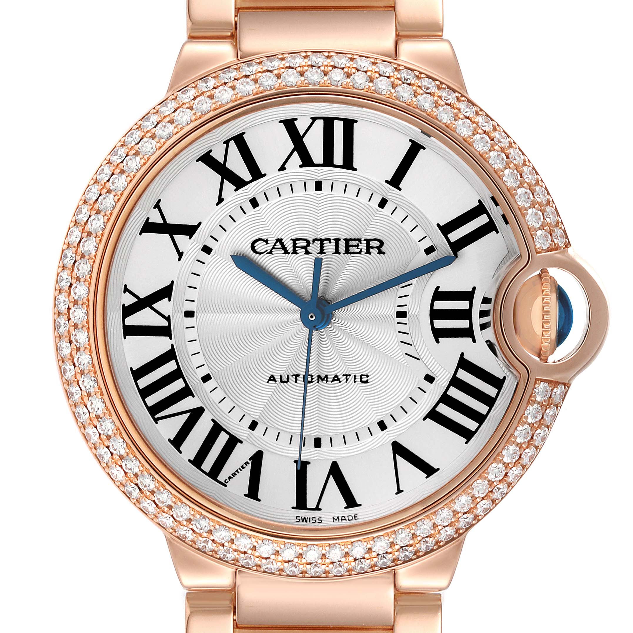The Cartier Ballon Bleu WE9005Z3 Women
s Rose Gold Silver Dial WE9005Z3 Women
s Rose Gold Silver Dial watch is shown from a top-down angle, featuring the watch face, bezel, and part of the strap.