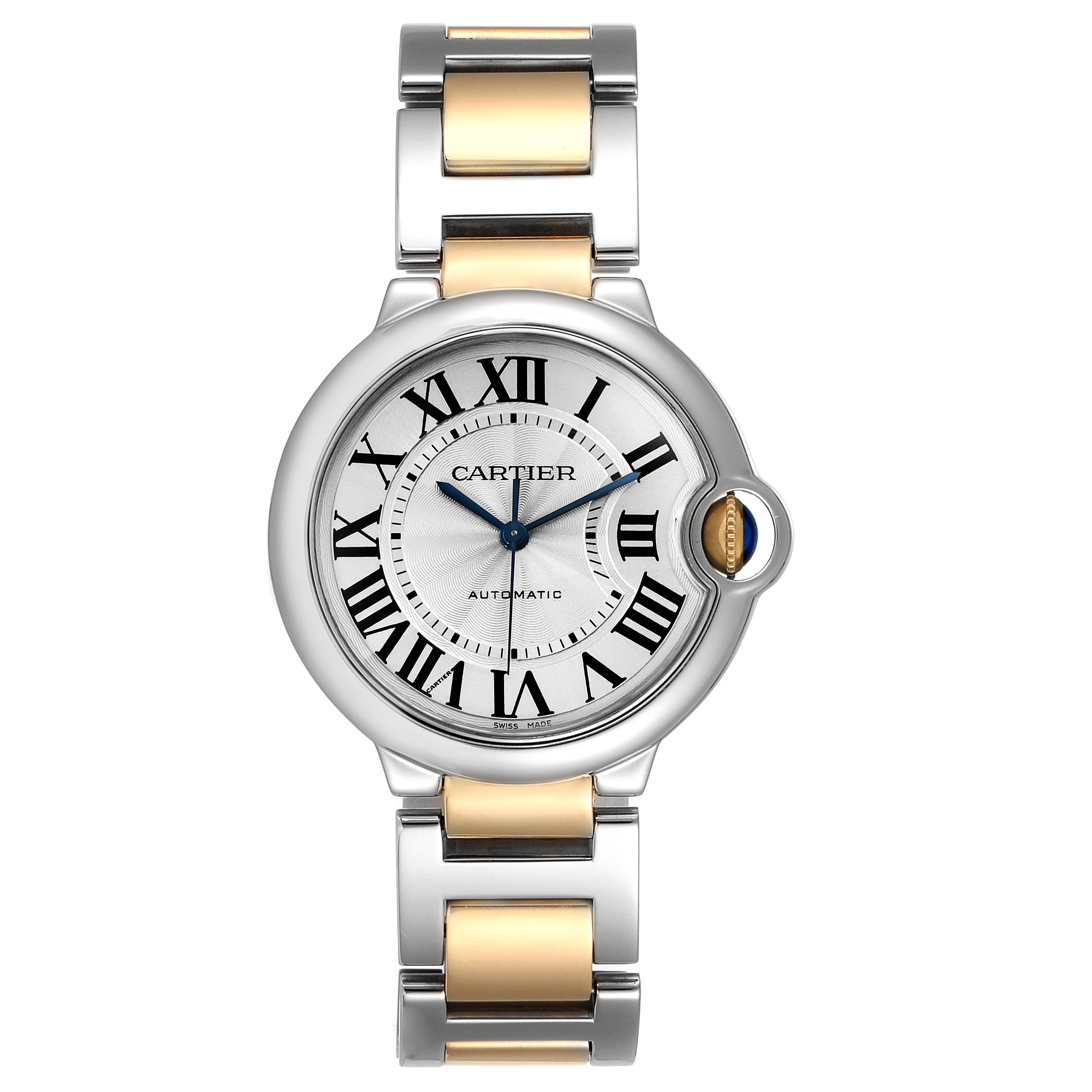 The image shows a front view of a Cartier Ballon Bleu W2BB0012 Women's Steel and Gold (two tone) Silver Dial W2BB0012 Women's Steel and Gold (two tone) Silver Dial watch, featuring a metal bracelet and Roman numeral dial.