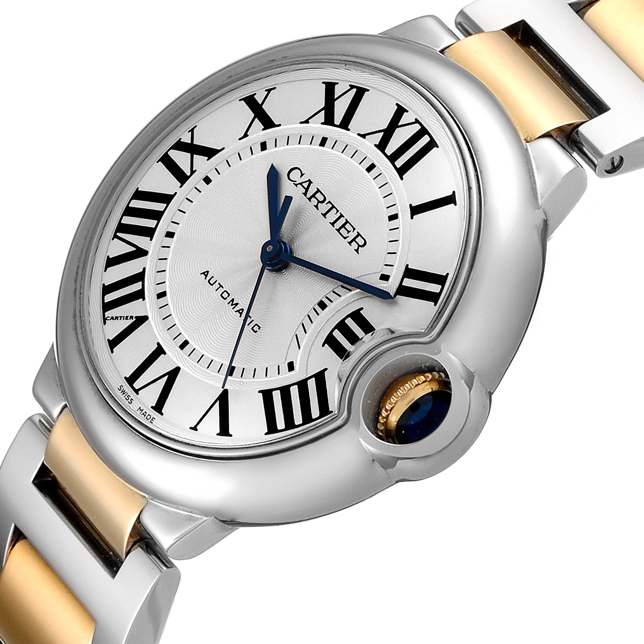 This image shows a close-up of the Cartier Ballon Bleu W2BB0012 Women's Steel and Gold (two tone) Silver Dial W2BB0012 Women's Steel and Gold (two tone) Silver Dial watch face and partial bracelet at an angle, highlighting the dial and crown.