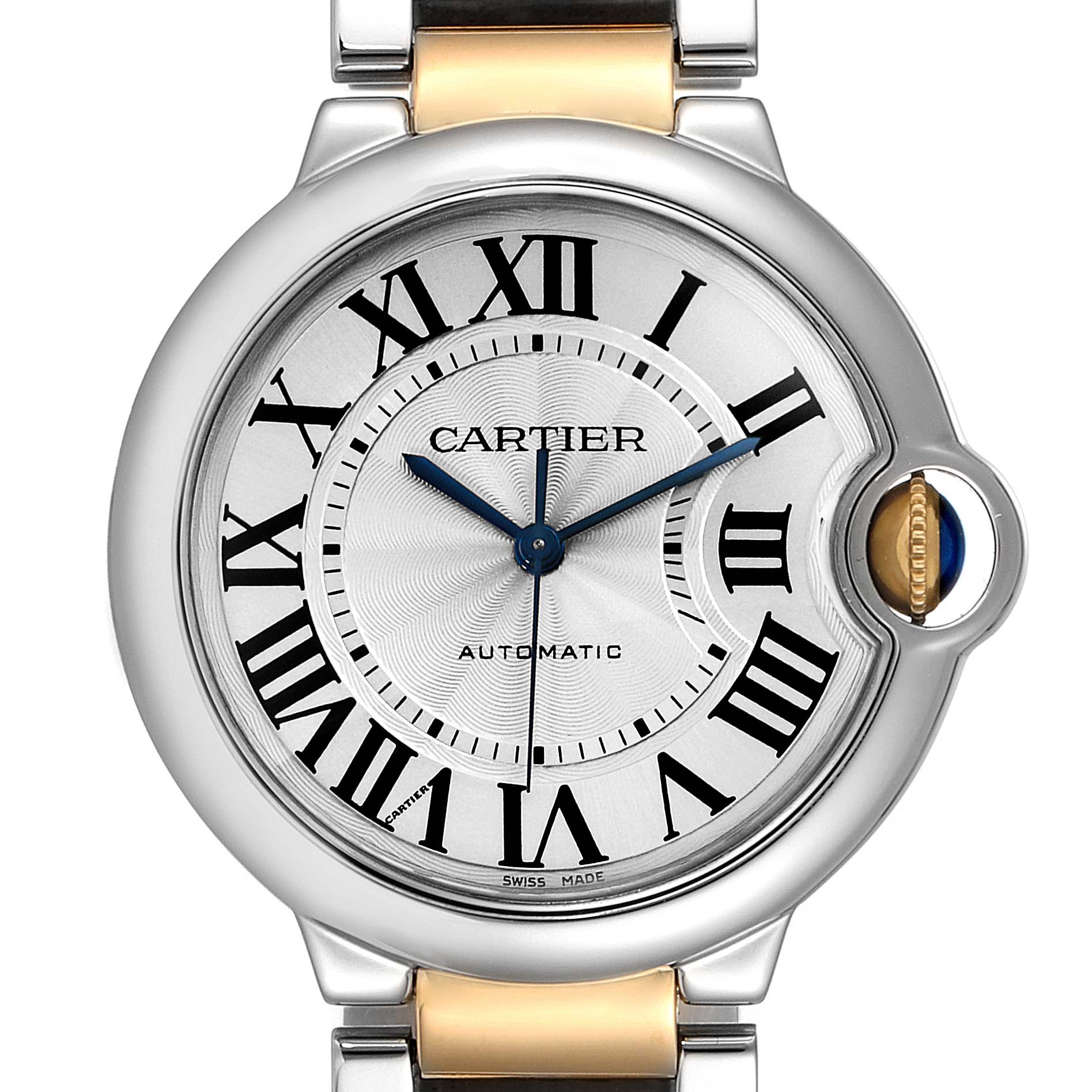 This image shows a front view of the Cartier Ballon Bleu W2BB0012 Women's Steel and Gold (two tone) Silver Dial W2BB0012 Women's Steel and Gold (two tone) Silver Dial watch, highlighting its dial, Roman numerals, and crown.