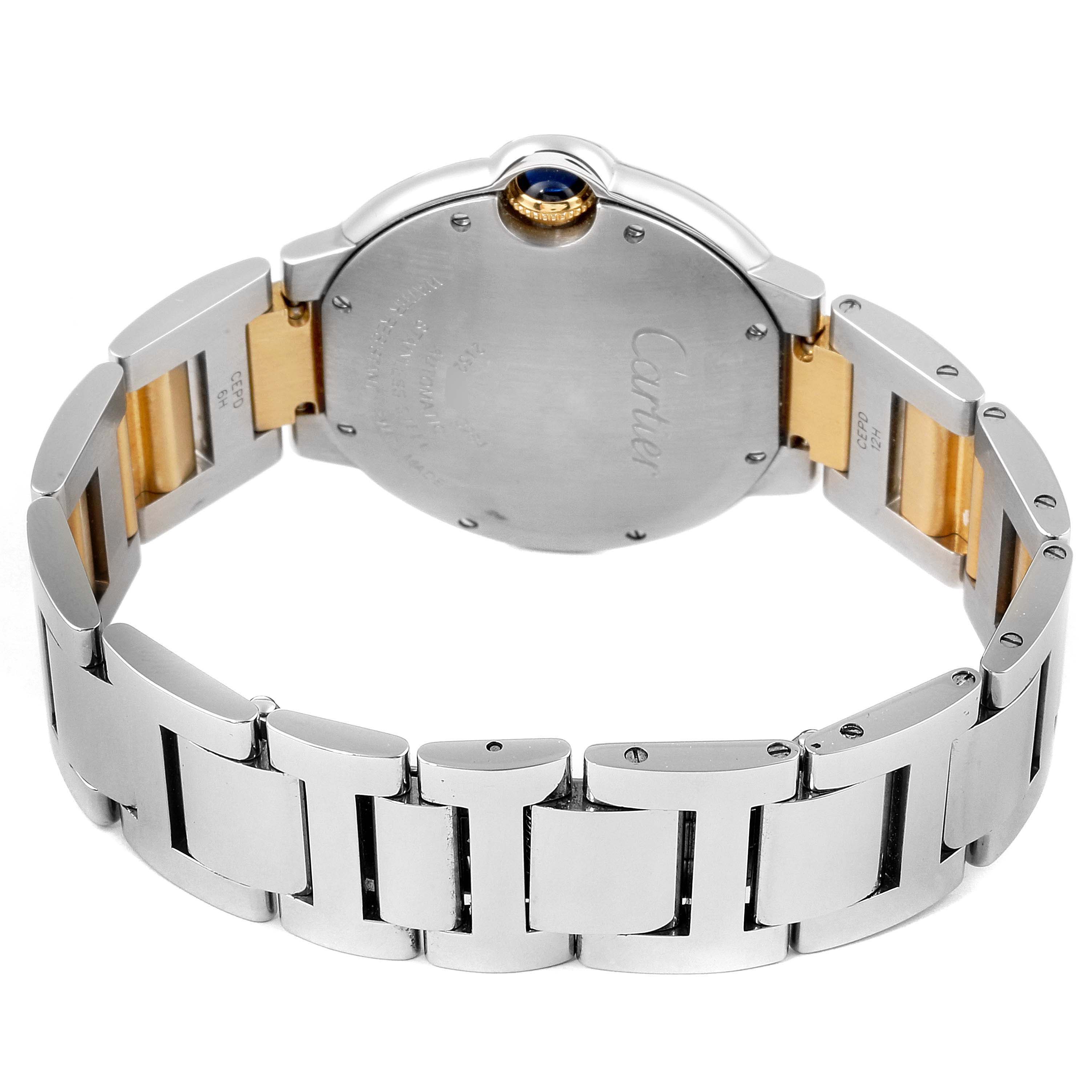 The image shows the back view and part of the bracelet of the Ballon Bleu watch by Cartier.