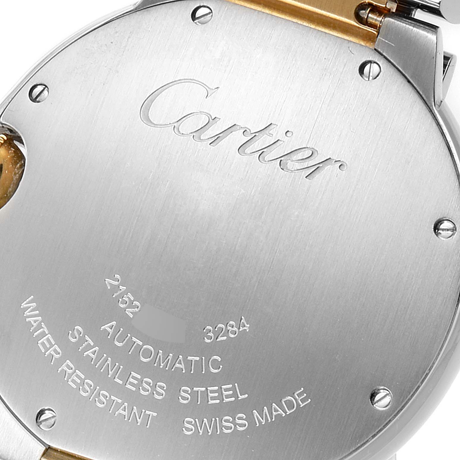 This image shows the back casing of a Cartier Ballon Bleu W2BB0012 Women's Steel and Gold (two tone) Silver Dial W2BB0012 Women's Steel and Gold (two tone) Silver Dial watch, highlighting the brand engraving and specifications.