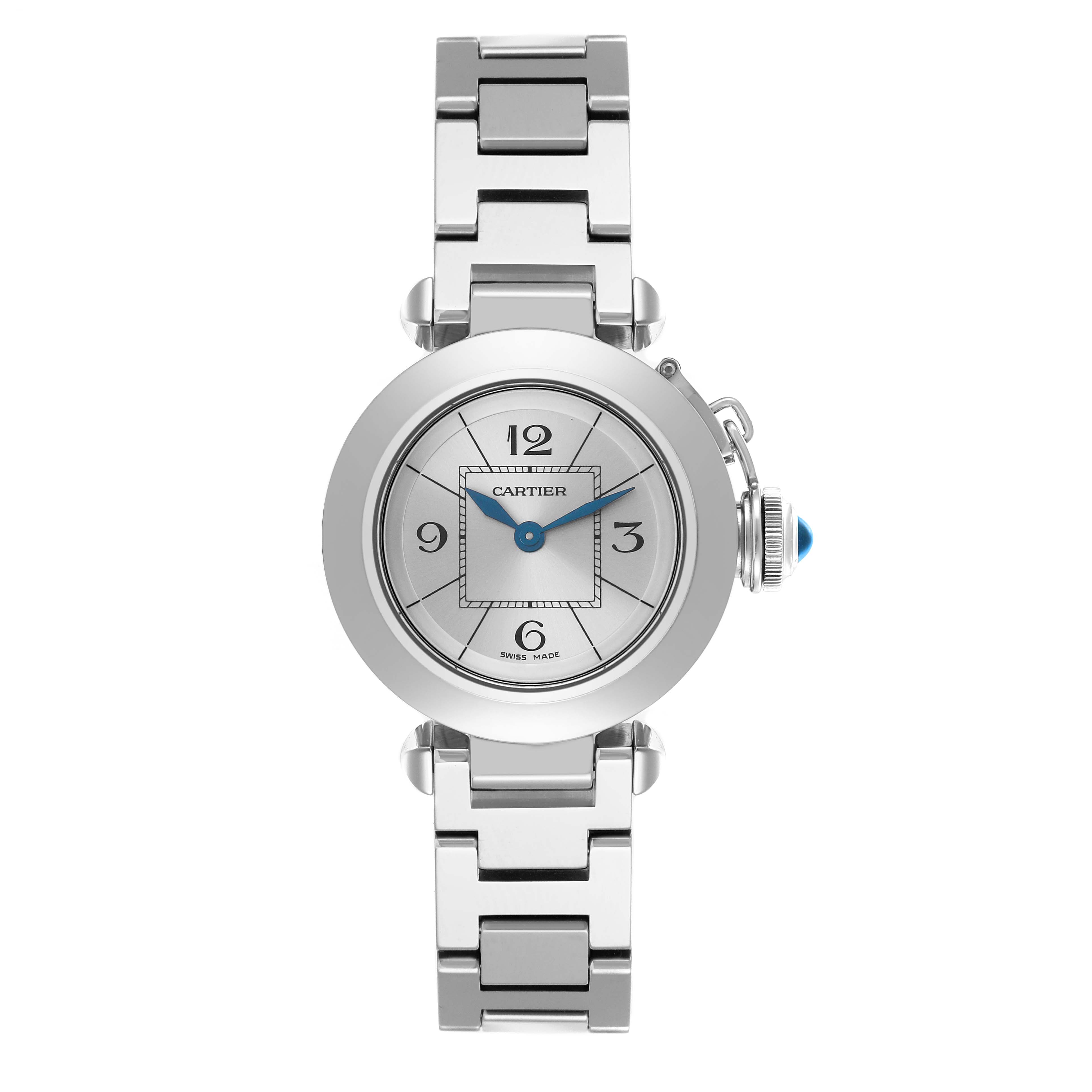 The Cartier Pasha W3140007 Women's Stainless Steel Silver Dial W3140007 Women's Stainless Steel Silver Dial watch is shown from a front angle, highlighting the round dial, bracelet, and signature crown guard with a blue gemstone.