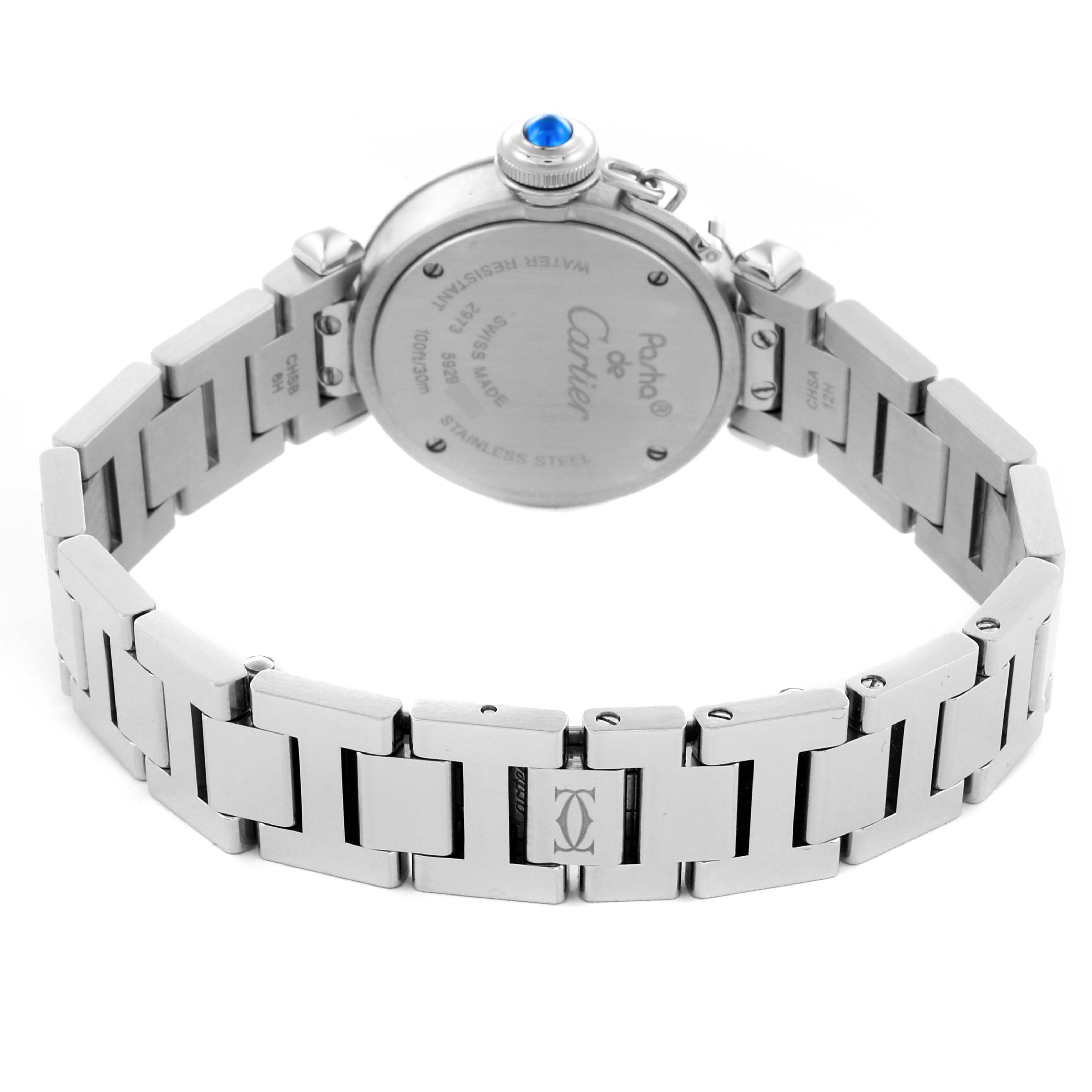 The Cartier Pasha W3140007 Women's Stainless Steel Silver Dial W3140007 Women's Stainless Steel Silver Dial watch is shown from the back, displaying the case back, bracelet, and crown with a blue cabochon.