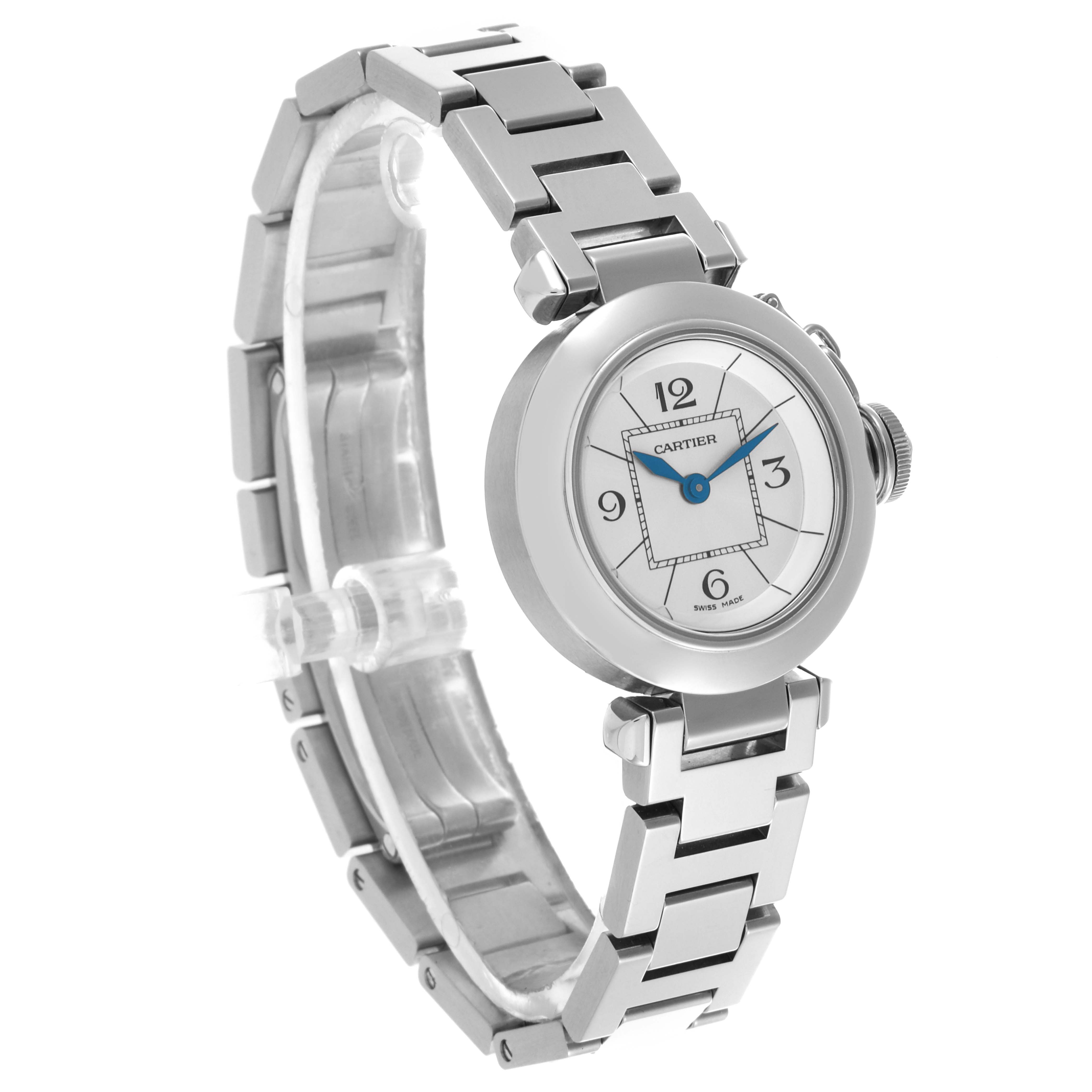 The Cartier Pasha W3140007 Women's Stainless Steel Silver Dial W3140007 Women's Stainless Steel Silver Dial watch is shown at an angled side view, highlighting the watch face and bracelet.