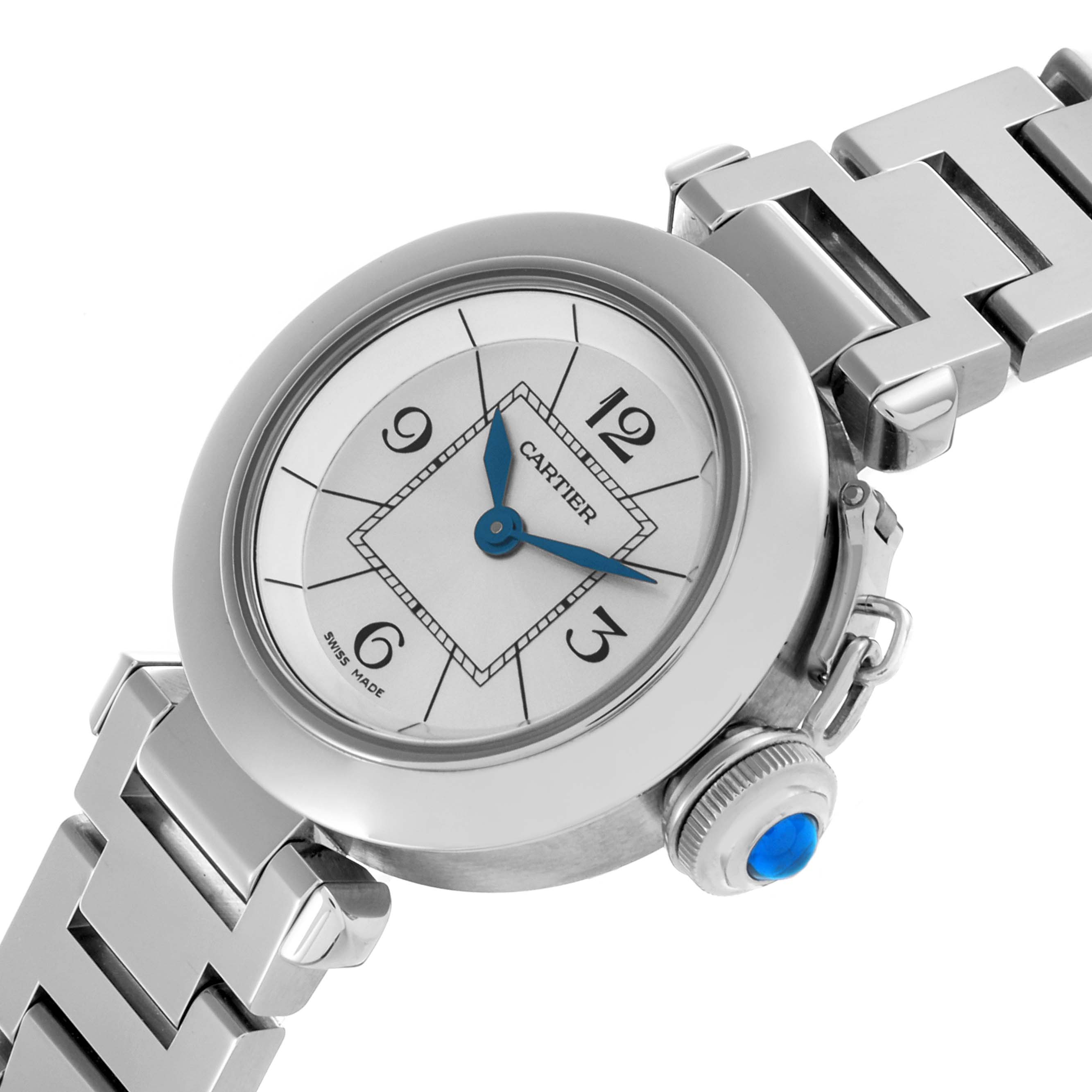 The Cartier Pasha W3140007 Women's Stainless Steel Silver Dial W3140007 Women's Stainless Steel Silver Dial watch is shown at a tilted angle, highlighting the dial, bracelet, and signature crown with blue cabochon.