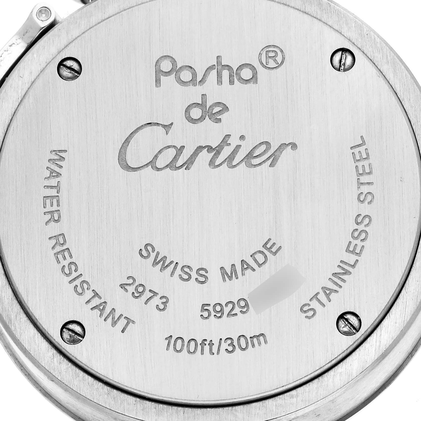 The image shows the back case of a Cartier Pasha W3140007 Women's Stainless Steel Silver Dial W3140007 Women's Stainless Steel Silver Dial watch, featuring brand markings and specifications.