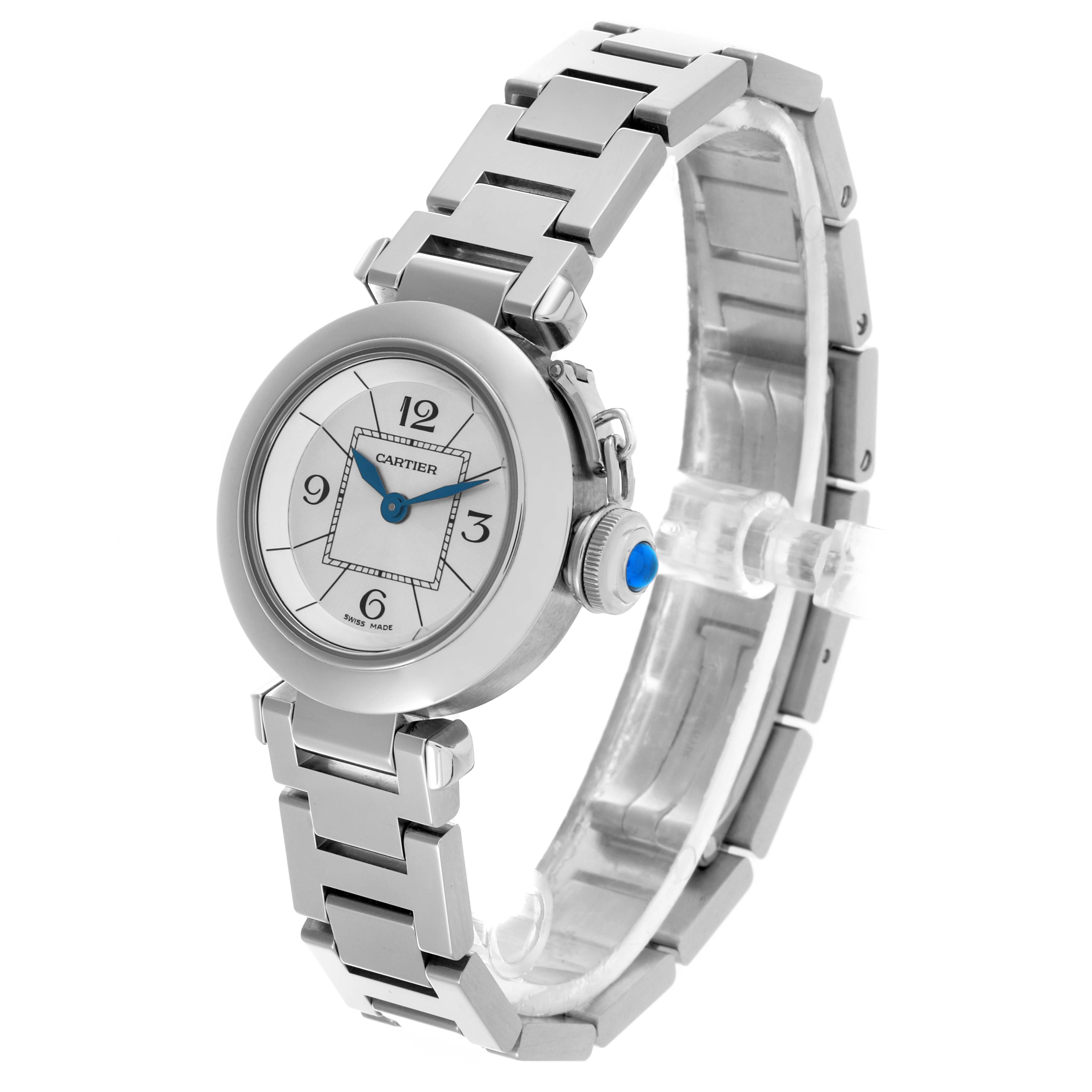 The Cartier Pasha W3140007 Women's Stainless Steel Silver Dial W3140007 Women's Stainless Steel Silver Dial watch is shown at a side angle, highlighting its face, bezel, crown, and metal bracelet.